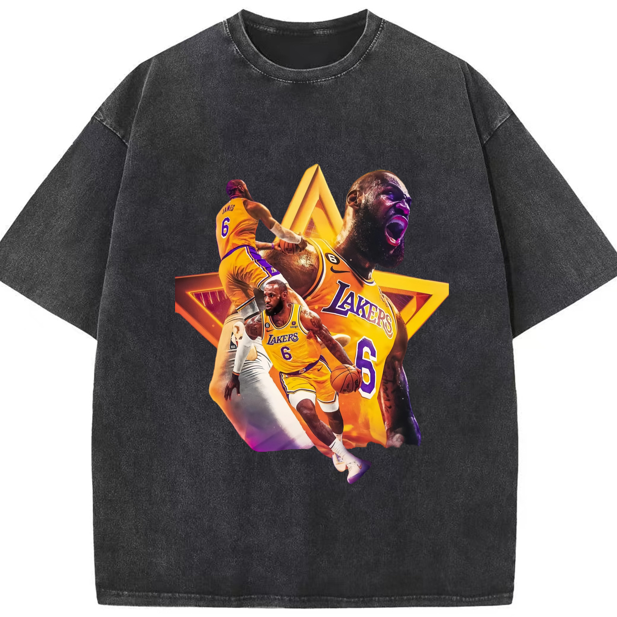 Lebron james lakers #6  t-shirt - Washed Vintage Look 230g Cotton Oversized T-Shirt With Front Heat Transfer Print – Soft, Lightweight, Stylish Fit – Comfortable Casual Wear For Sports & Everyday Use