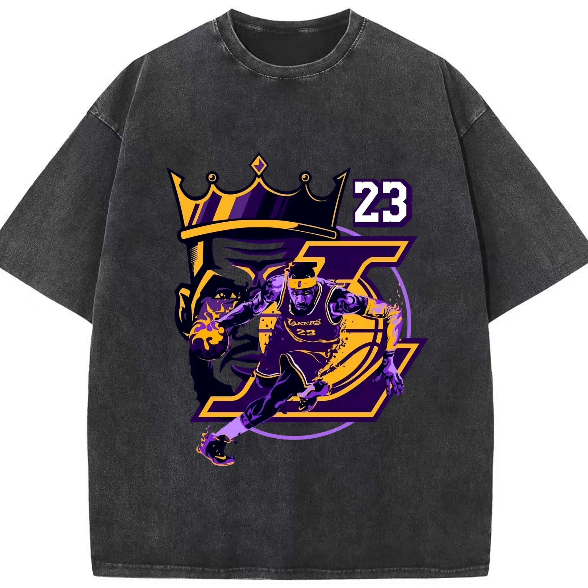 LeBron James king Lakers T‑Shirt - Washed Vintage Look 230g Cotton Oversized T-Shirt With Front Heat Transfer Print – Soft, Lightweight, Stylish Fit – Comfortable Casual Wear For Sports & Everyday Use
