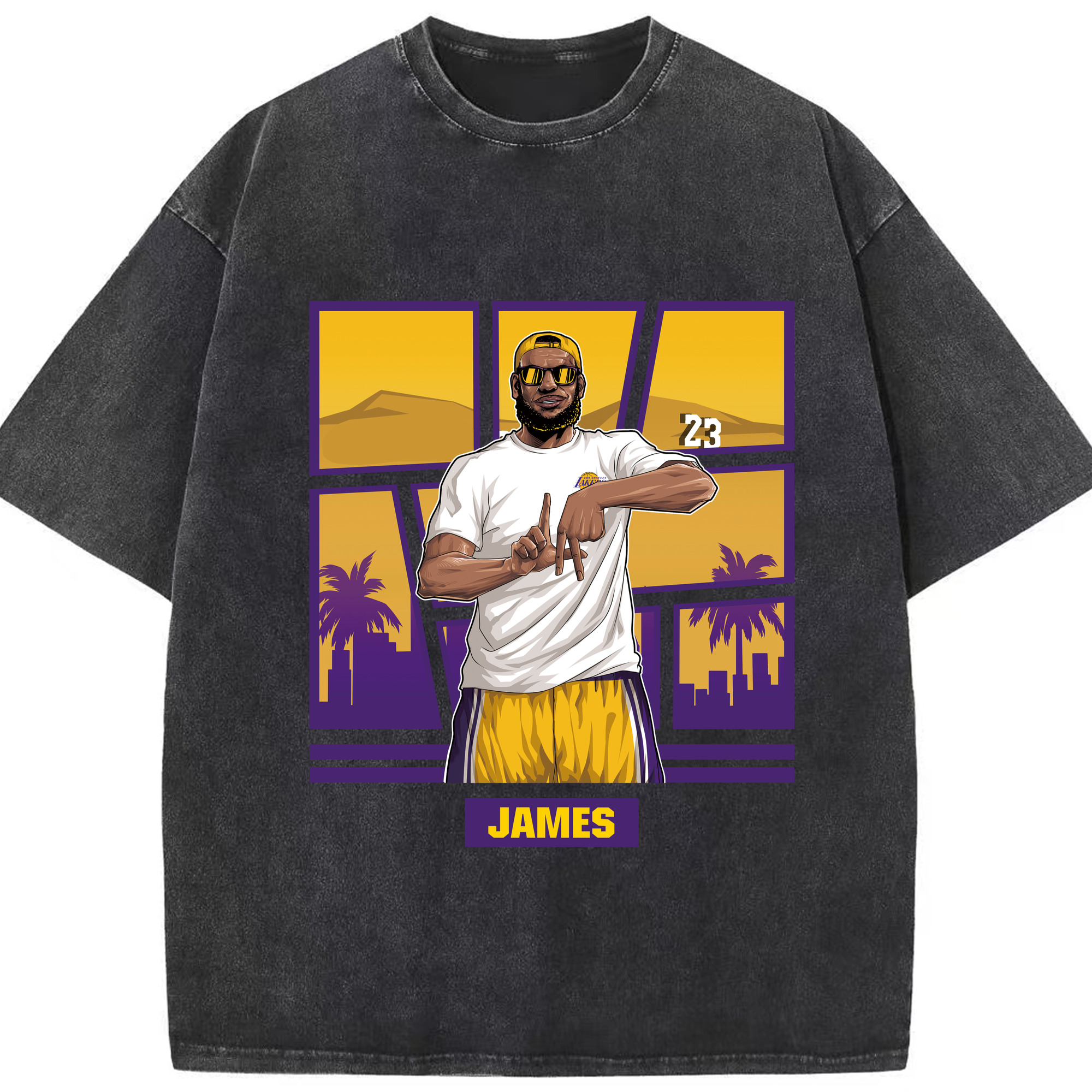 LeBron James 'LA' gesture c - Washed Vintage Look 230g Cotton Oversized T-Shirt With Front Heat Transfer Print – Soft, Lightweight, Stylish Fit – Comfortable Casual Wear For Sports & Everyday Use