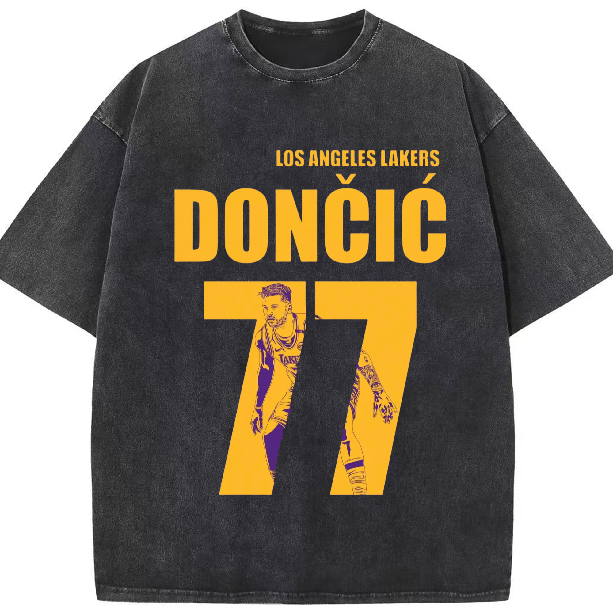 Luka Doncic #77 Shirt - Washed Vintage Look 230g Cotton Oversized T-Shirt With Front Heat Transfer Print – Soft, Lightweight, Stylish Fit – Comfortable Casual Wear For Sports & Everyday Use