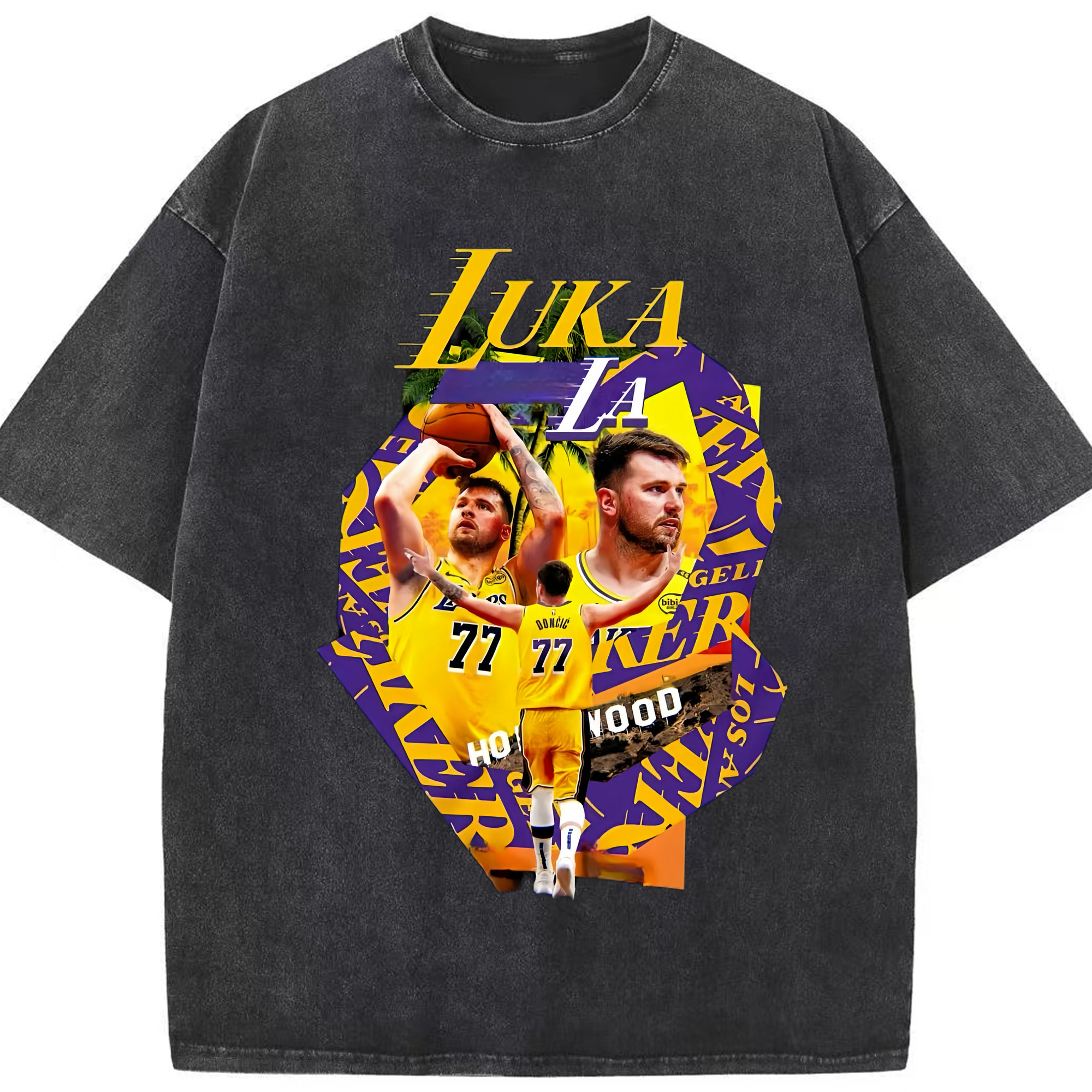 Luka Dončić Lakers Collage graphic T‑Shirt - Washed Vintage Look 230g Cotton Oversized T-Shirt With Front Heat Transfer Print – Soft, Lightweight, Stylish Fit – Comfortable Casual Wear For Sports & Everyday Use