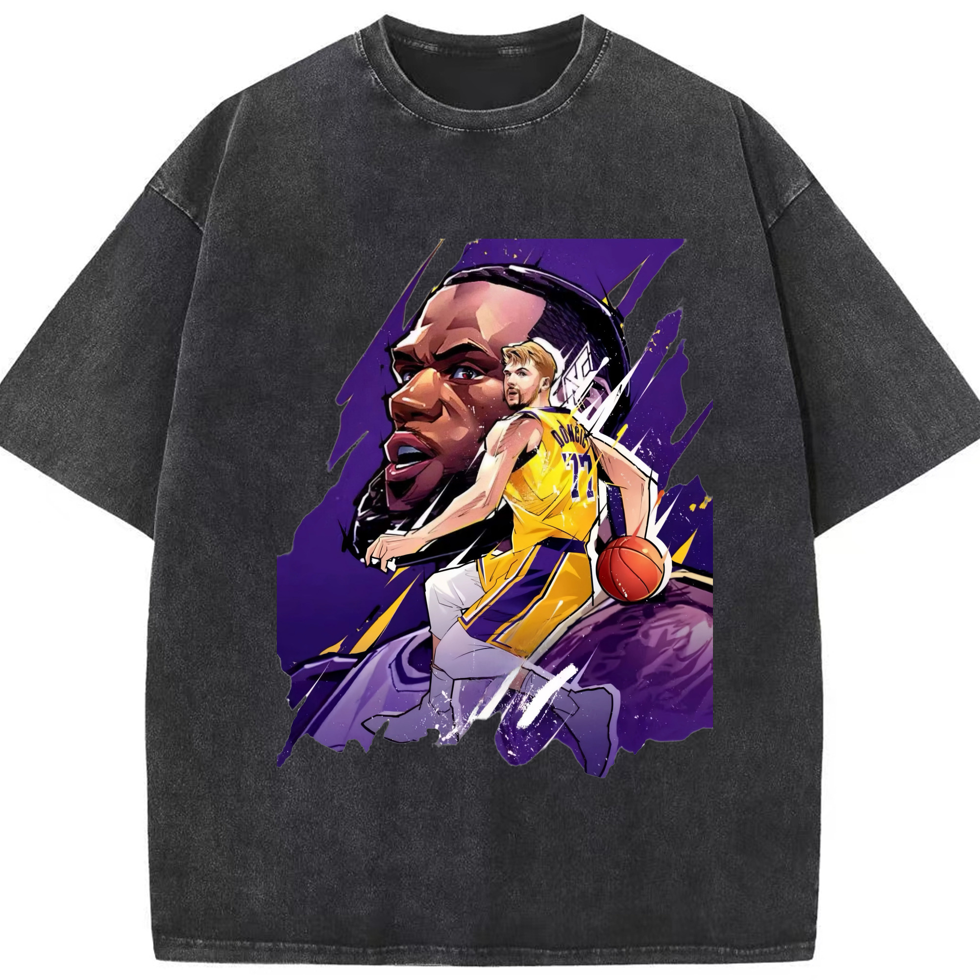 Luka & LeBron James Lakers Shirt - Washed Vintage Look 230g Cotton Oversized T-Shirt With Front Heat Transfer Print – Soft, Lightweight, Stylish Fit – Comfortable Casual Wear For Sports & Everyday Use