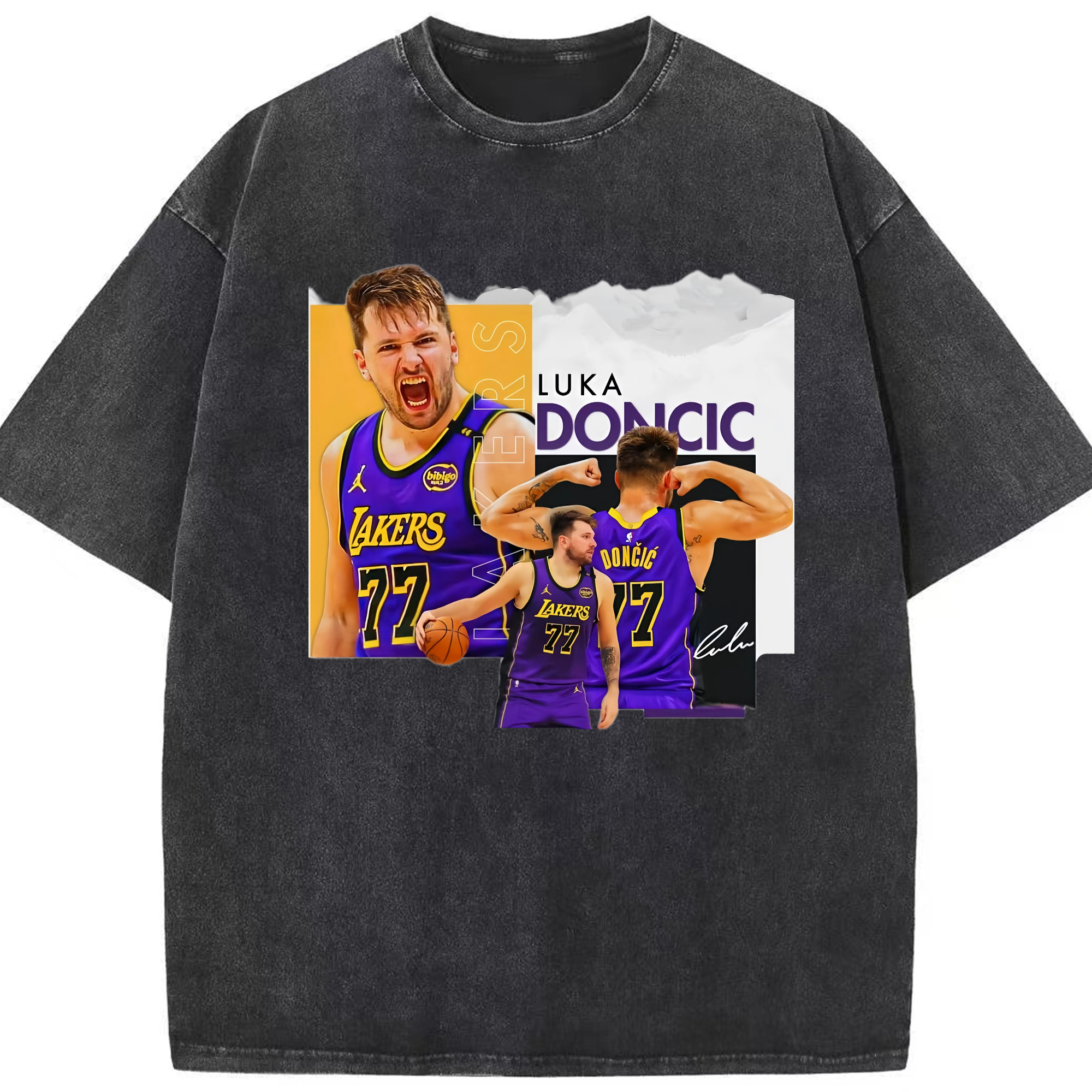 Luka Dončić  Lakers Celebration Action T‑Shirt - Washed Vintage Look 230g Cotton Oversized T-Shirt With Front Heat Transfer Print – Soft, Lightweight, Stylish Fit – Comfortable Casual Wear For Sports & Everyday Use