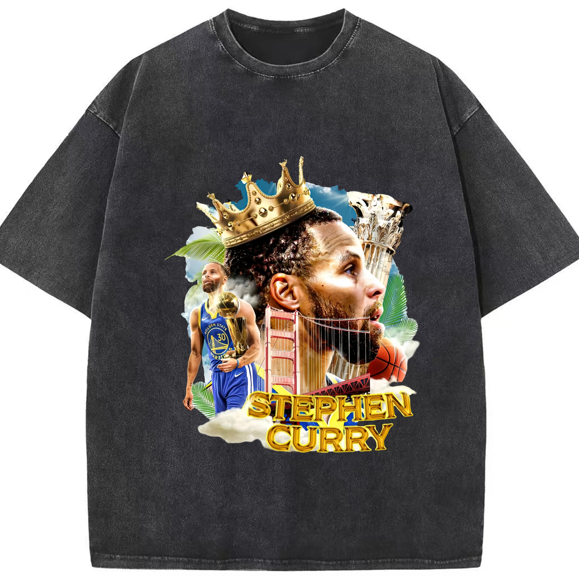 Steph Curry Golden State Warriors T-shirt - Washed Vintage Look 230g Cotton Oversized T-Shirt With Front Heat Transfer Print – Soft, Lightweight, Stylish Fit – Comfortable Casual Wear For Sports & Everyday Use