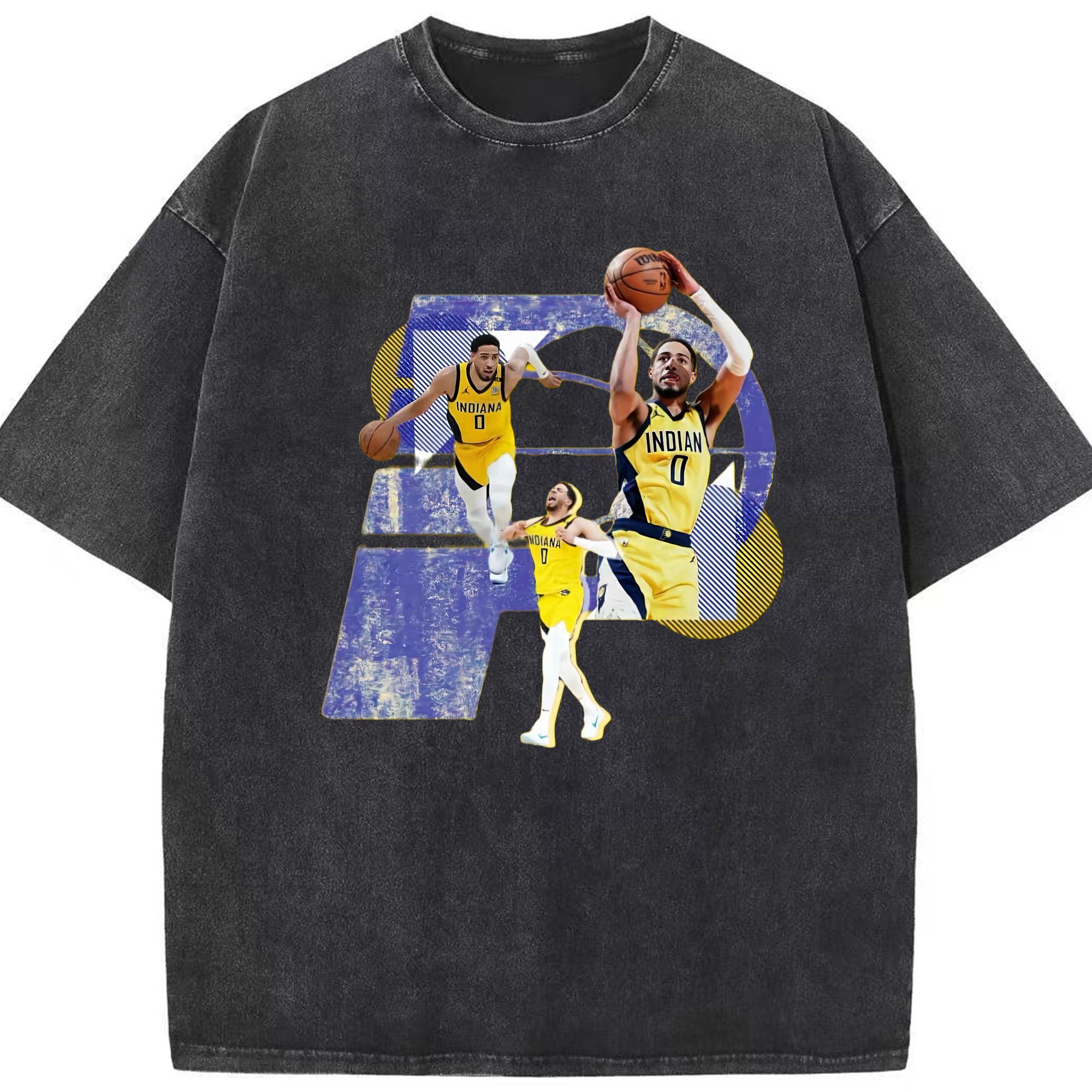 Tyrese haliburton basketball  skill graphic T‑Shirt - Washed Vintage Look 230g Cotton Oversized T-Shirt With Front Heat Transfer Print – Soft, Lightweight, Stylish Fit – Comfortable Casual Wear For Sports & Everyday Use
