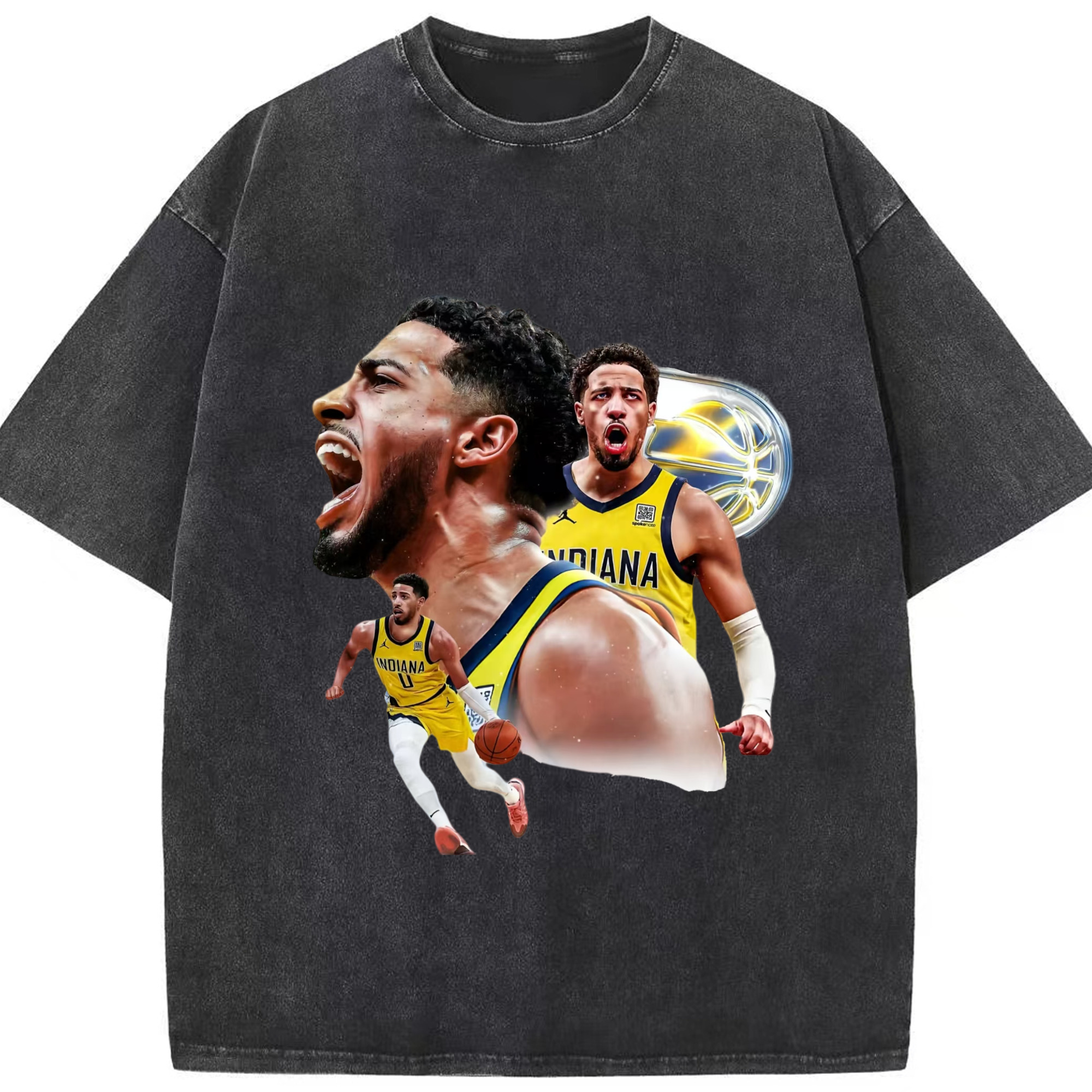 Indiana Pacers Tyrese Haliburton Collage graphic T‑Shirt - Washed Vintage Look 230g Cotton Oversized T-Shirt With Front Heat Transfer Print – Soft, Lightweight, Stylish Fit – Comfortable Casual Wear For Sports & Everyday Use