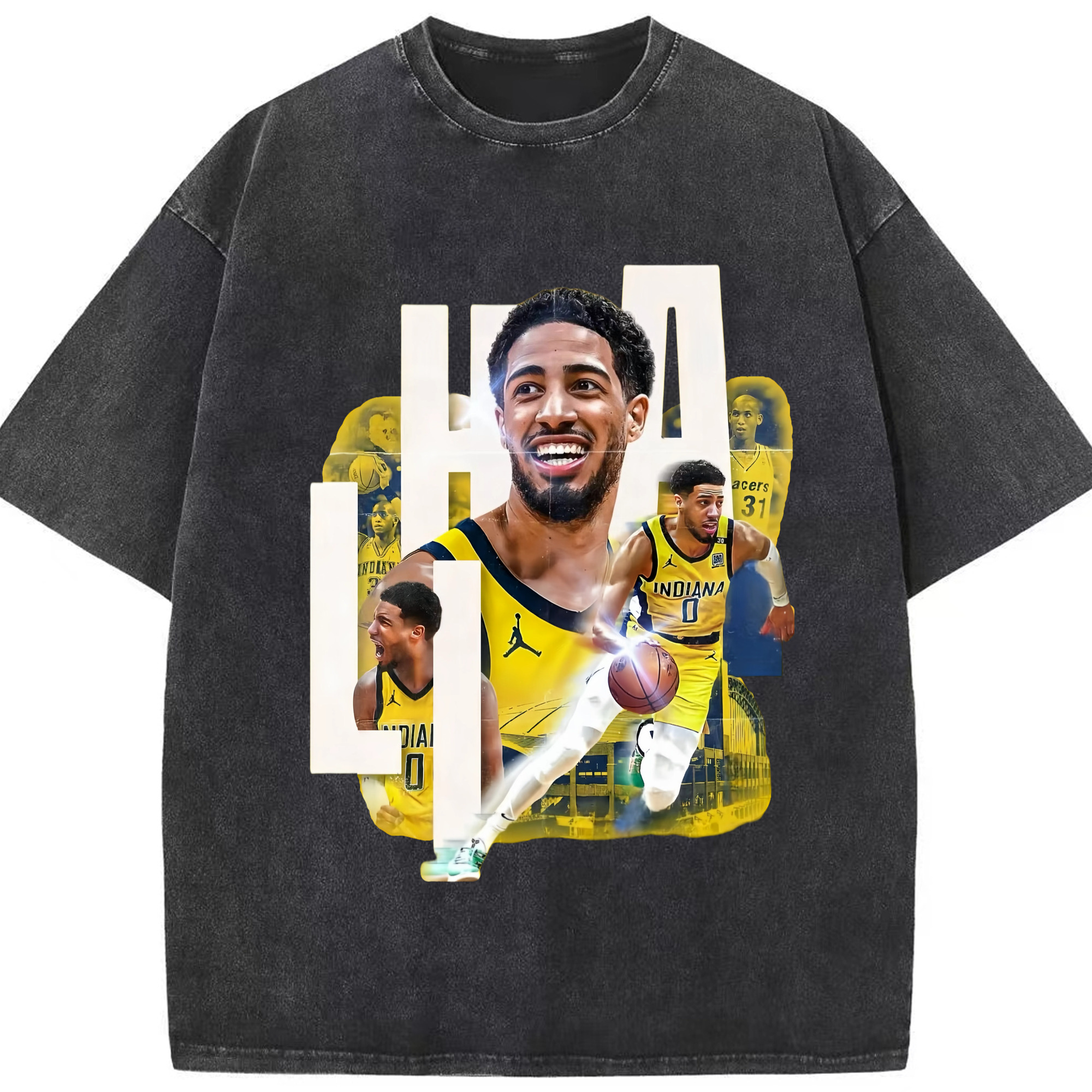 Tyrese Haliburton Indiana Pacers T-shirt - Washed Vintage Look 230g Cotton Oversized T-Shirt With Front Heat Transfer Print – Soft, Lightweight, Stylish Fit – Comfortable Casual Wear For Sports & Everyday Use