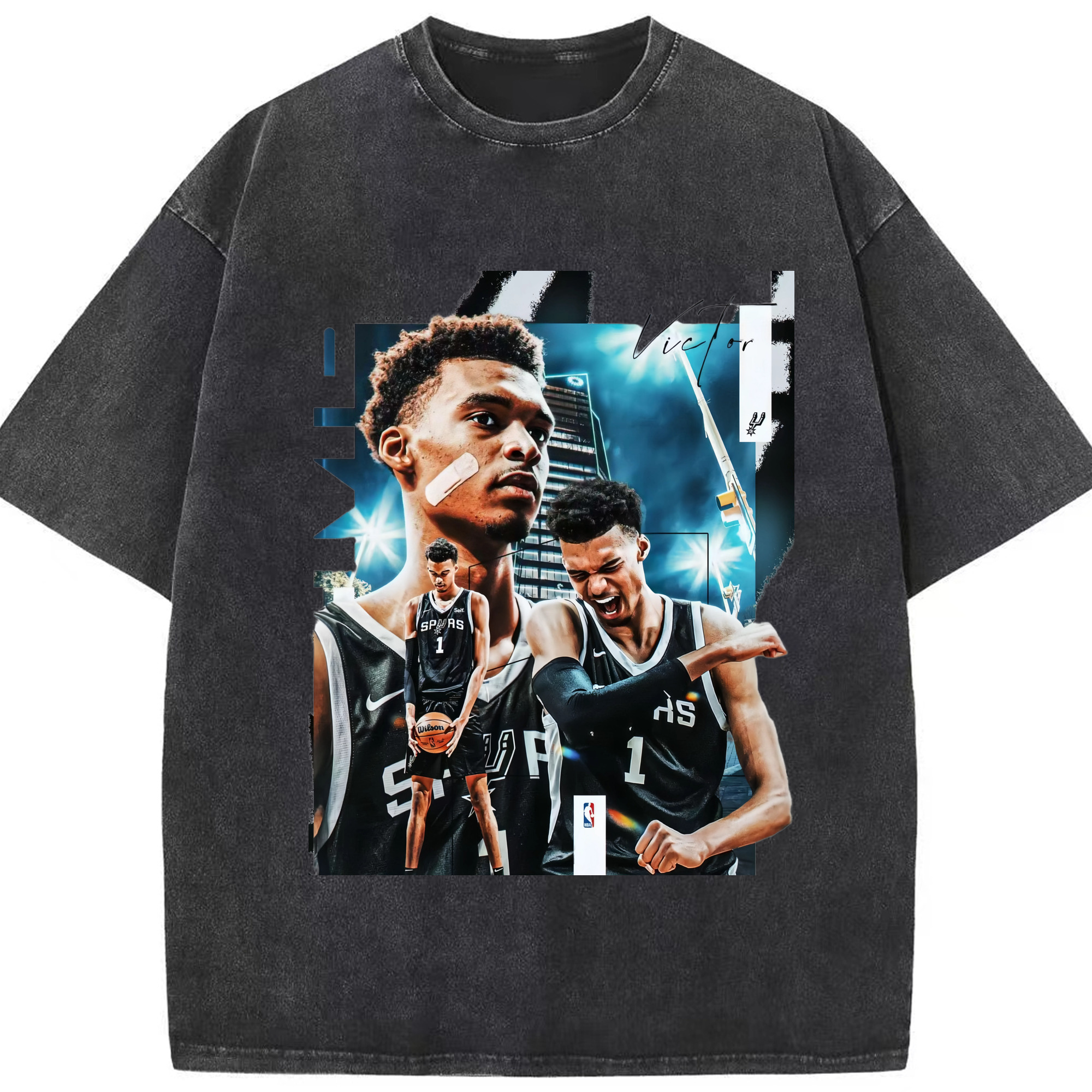 San Antonio Spurs Victor Wembanyama #1 T-shirt - Washed Vintage Look 230g Cotton Oversized T-Shirt With Front Heat Transfer Print – Soft, Lightweight, Stylish Fit – Comfortable Casual Wear For Sports & Everyday Use