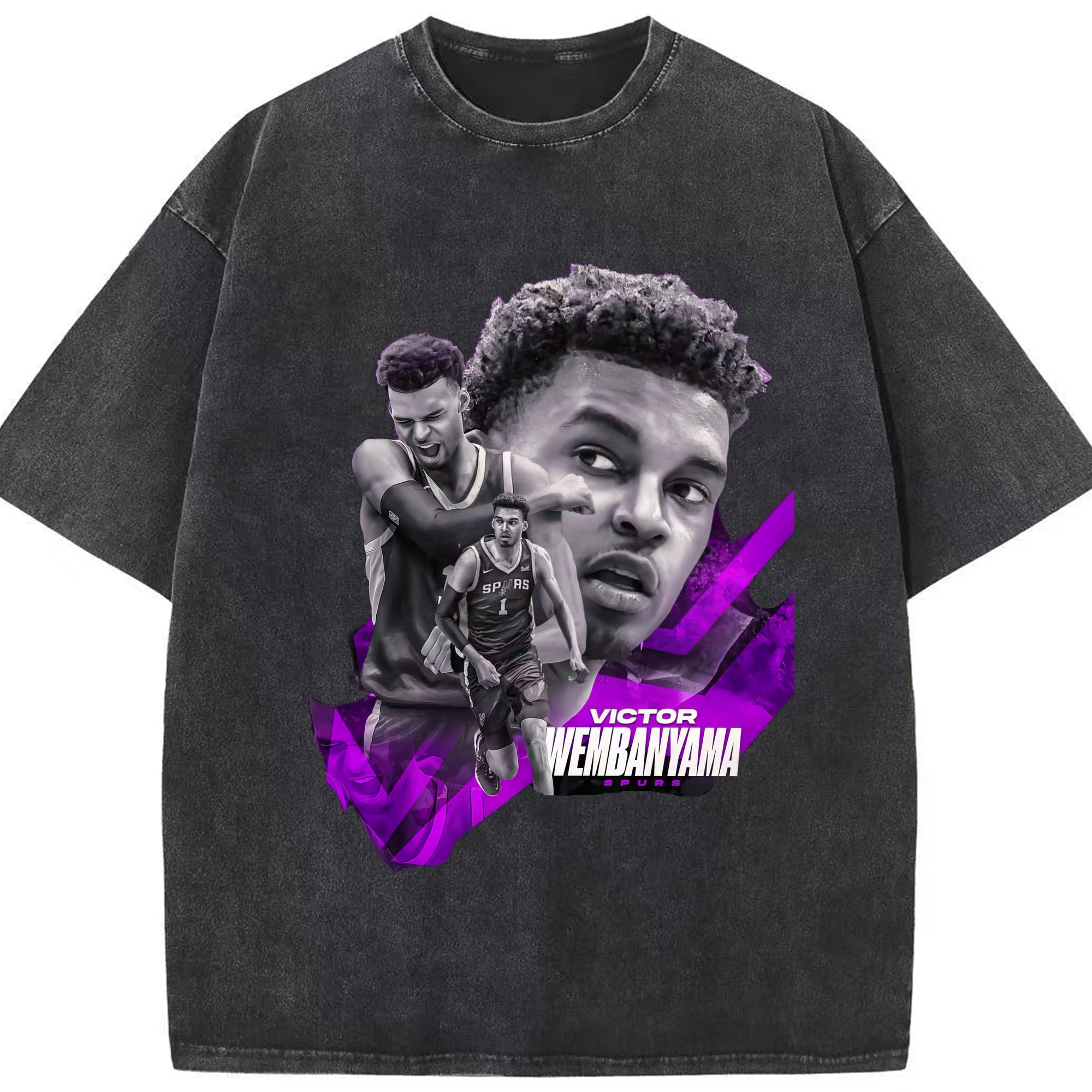 Victor Wembanyama #1 Black purple graphic Shirt - Washed Vintage Look 230g Cotton Oversized T-Shirt With Front Heat Transfer Print – Soft, Lightweight, Stylish Fit – Comfortable Casual Wear For Sports & Everyday Use