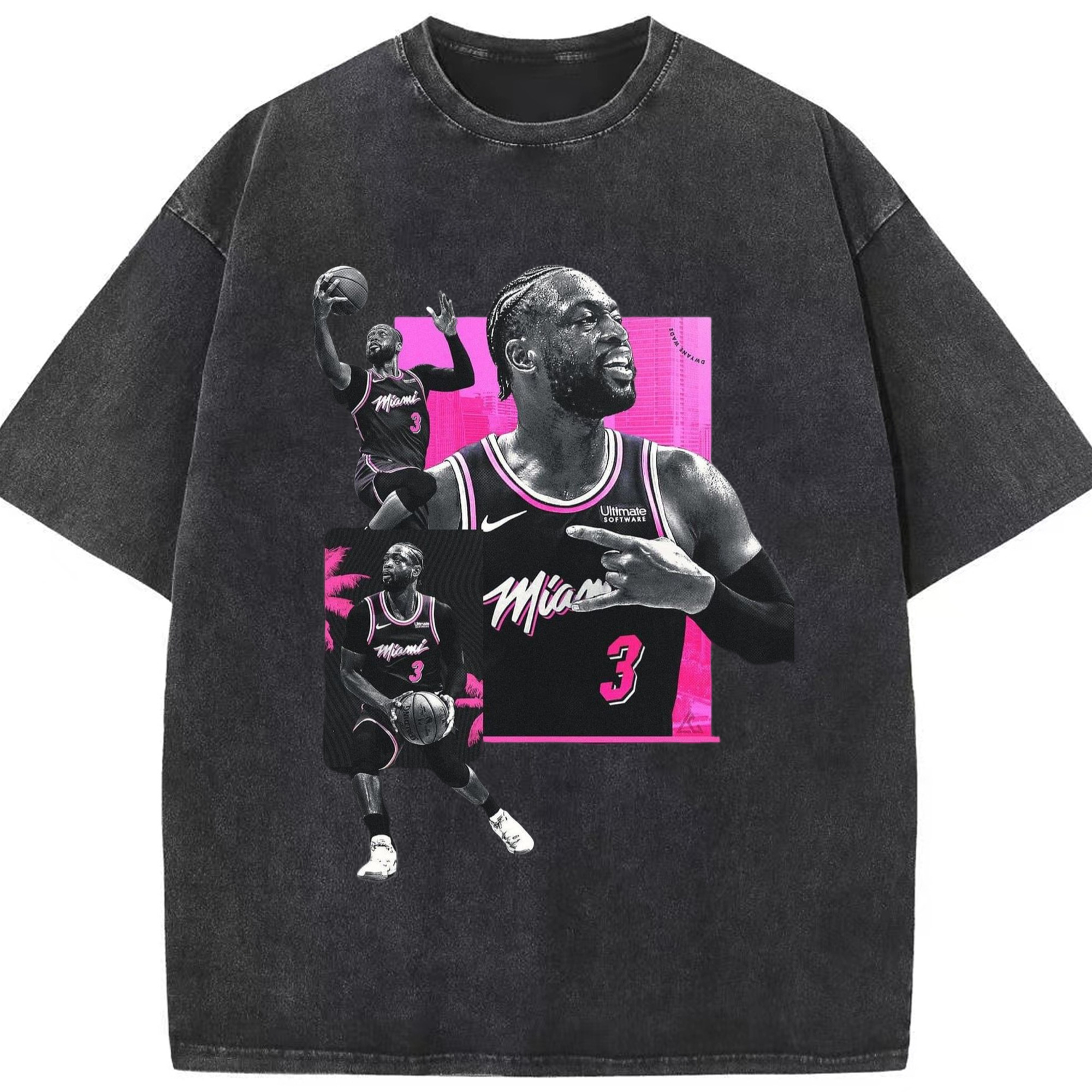 Dwyane wade miami heat T-shirt​ - Washed Vintage Look 230g Cotton Oversized T-Shirt With Front Heat Transfer Print – Soft, Lightweight, Stylish Fit – Comfortable Casual Wear For Sports & Everyday Use