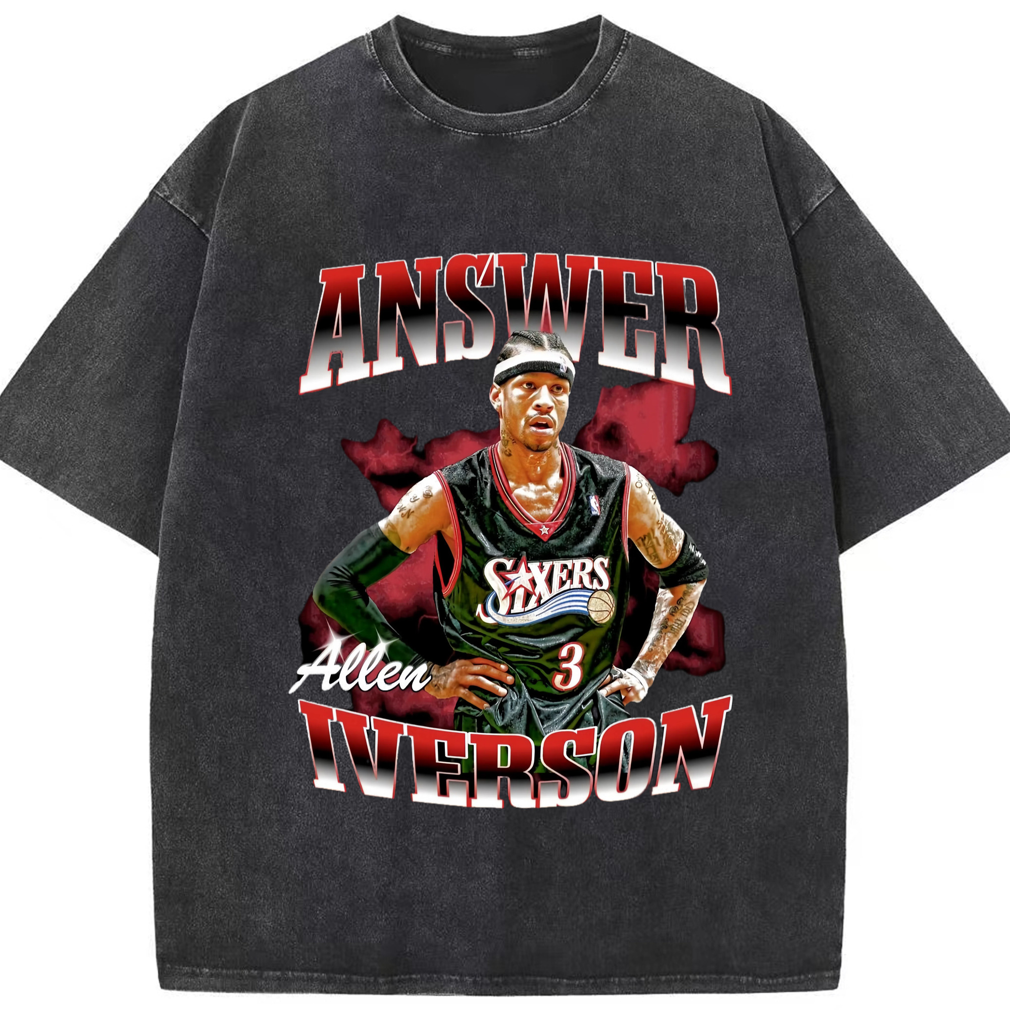 Allen Iverson 76ers #3 T-shirt - Washed Vintage Look 230g Cotton Oversized T-Shirt With Front Heat Transfer Print – Soft, Lightweight, Stylish Fit – Comfortable Casual Wear For Sports & Everyday Use
