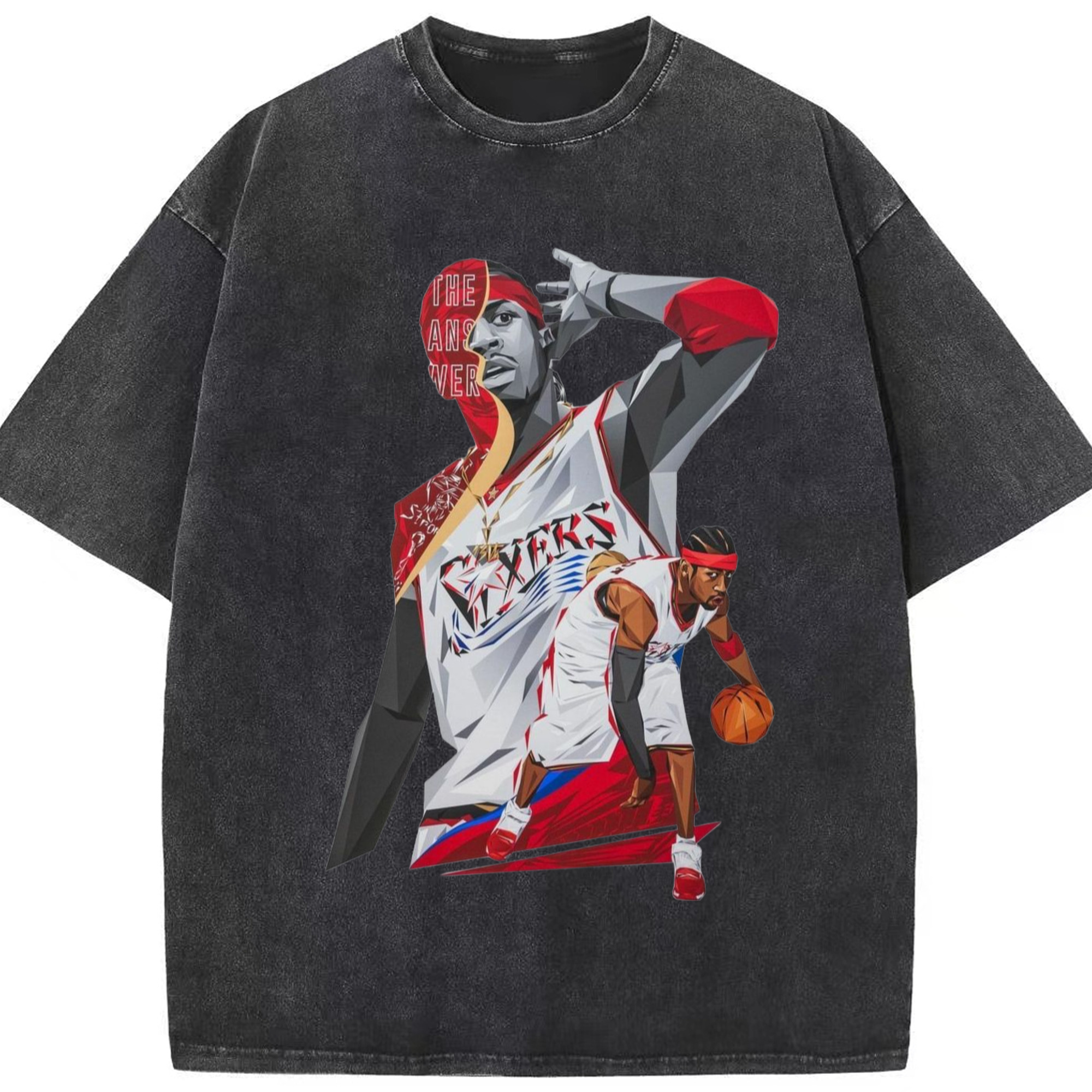 Allen Iverson 76ers cartoon The Answer Art T-shirt - Washed Vintage Look 230g Cotton Oversized T-Shirt With Front Heat Transfer Print – Soft, Lightweight, Stylish Fit – Comfortable Casual Wear For Sports & Everyday Use