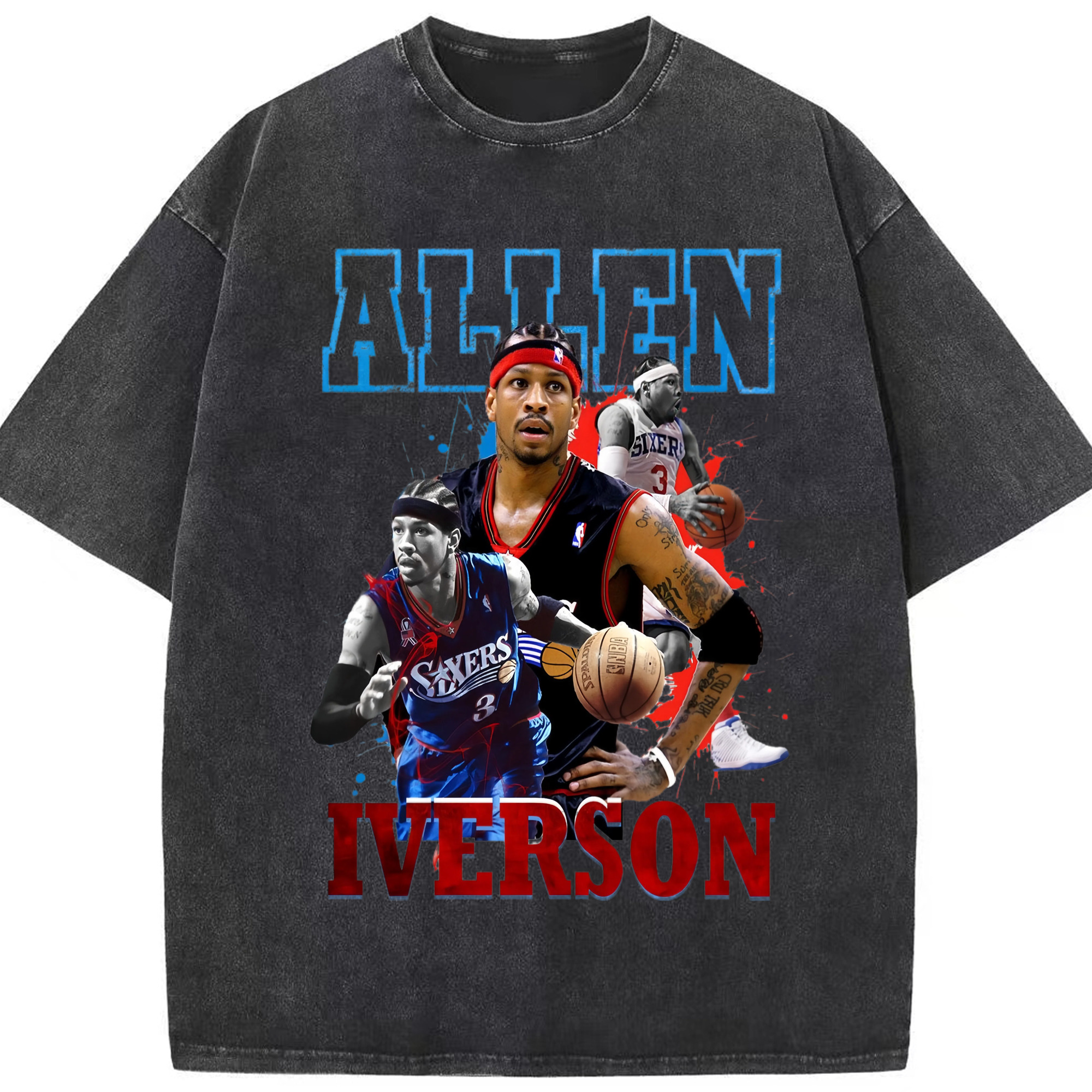 Allen Iverson 76ers collage graphic T-shirt - Washed Vintage Look 230g Cotton Oversized T-Shirt With Front Heat Transfer Print – Soft, Lightweight, Stylish Fit – Comfortable Casual Wear For Sports & Everyday Use