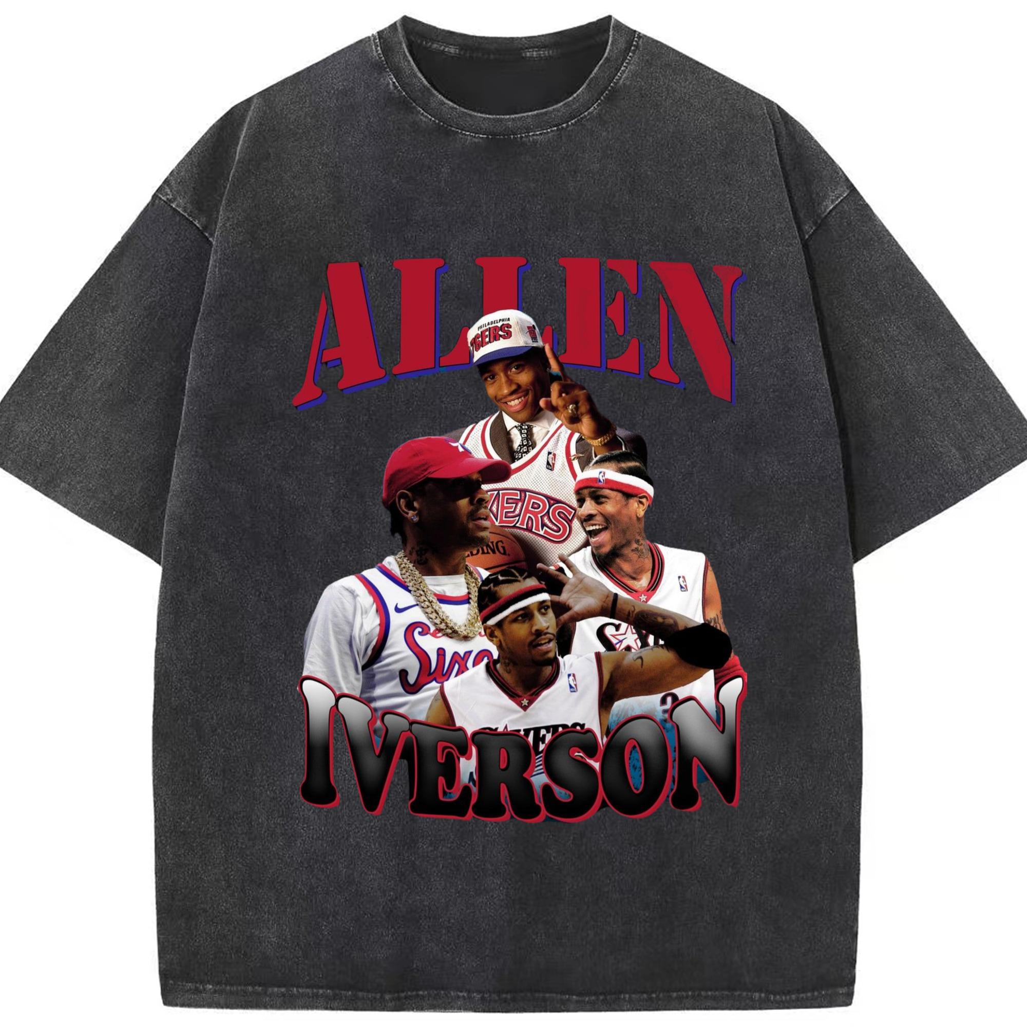 Allen Iverson 76ers T-shirt - Washed Vintage Look 230g Cotton Oversized T-Shirt With Front Heat Transfer Print – Soft, Lightweight, Stylish Fit – Comfortable Casual Wear For Sports & Everyday Use