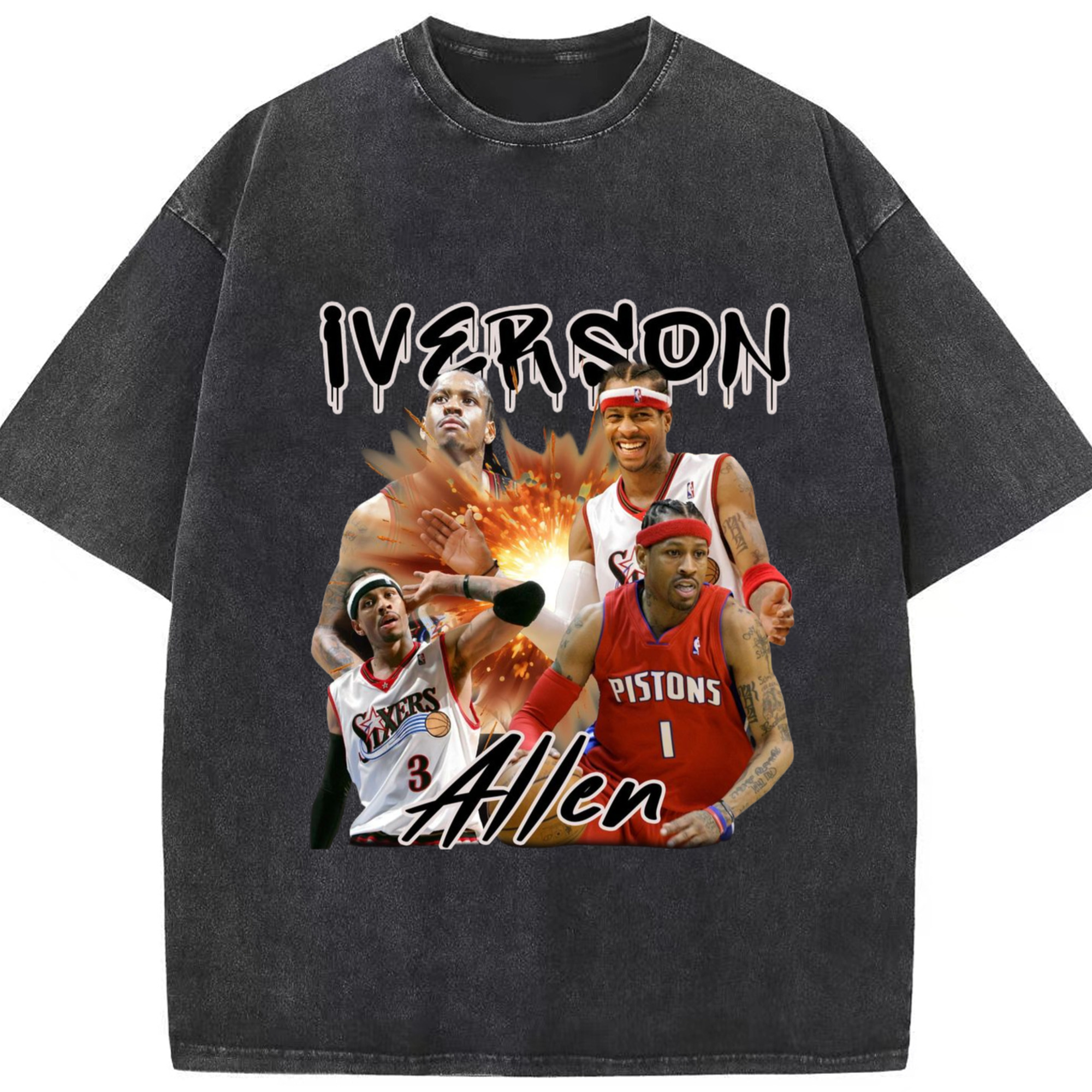 Allen Iverson Retro graphic Tee - Washed Vintage Look 230g Cotton Oversized T-Shirt With Front Heat Transfer Print – Soft, Lightweight, Stylish Fit – Comfortable Casual Wear For Sports & Everyday Use
