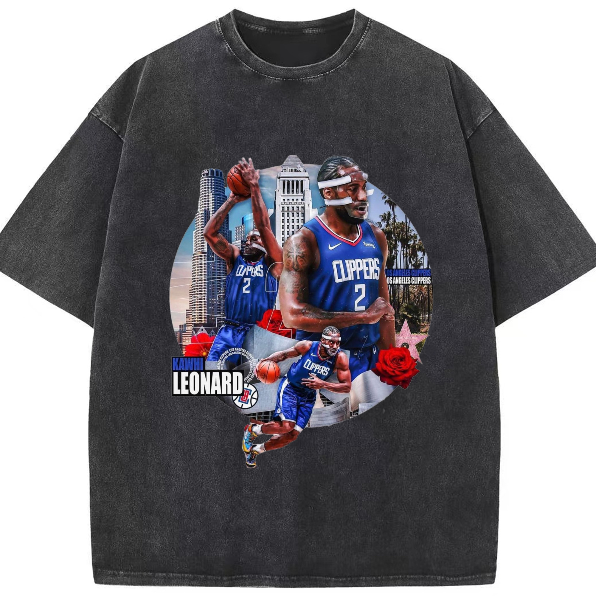 Kawhi Leonard Clippers #2 Graphic T‑Shirt - Washed Vintage Look 230g Cotton Oversized T-Shirt With Front Heat Transfer Print – Soft, Lightweight, Stylish Fit – Comfortable Casual Wear For Sports & Everyday Use