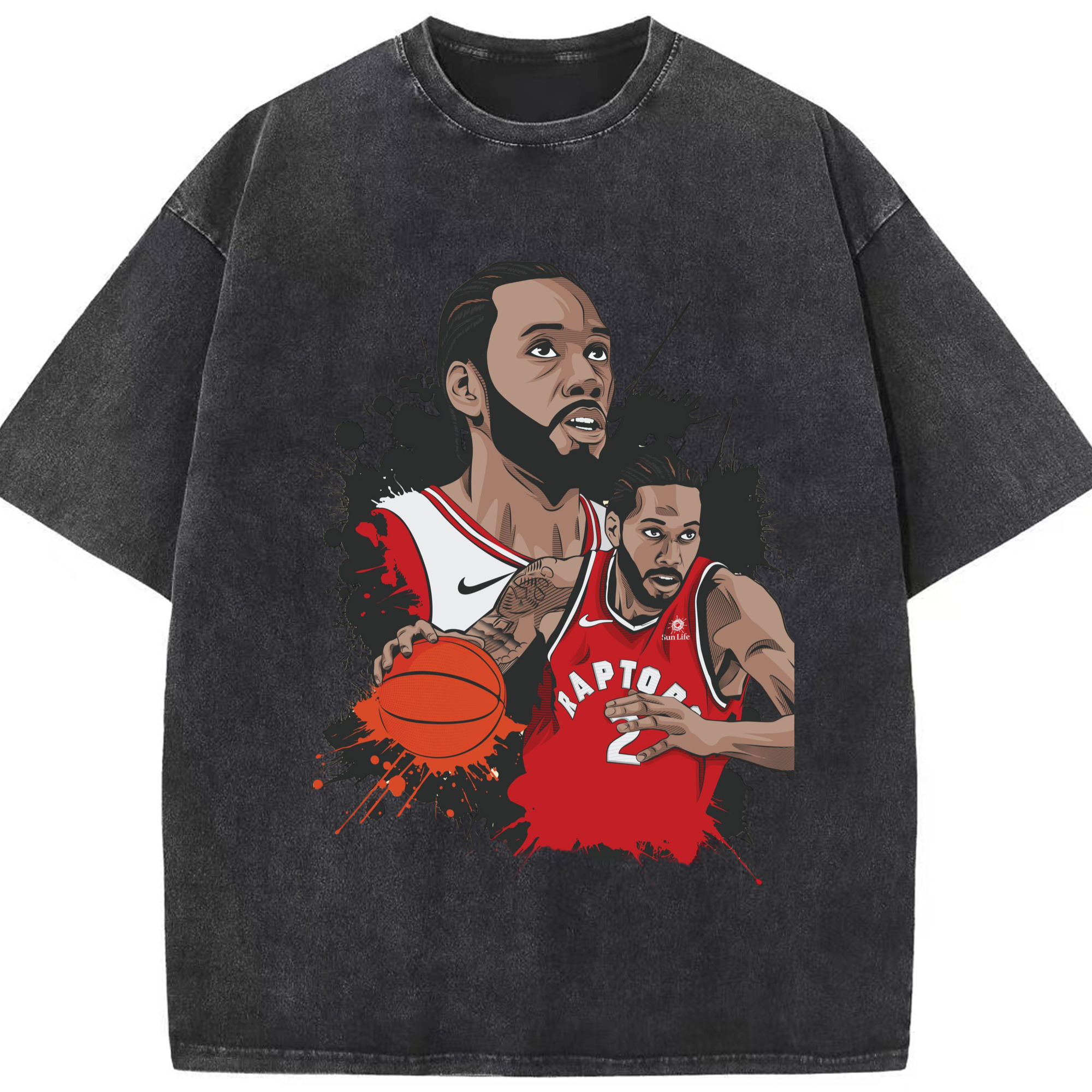 Kawhi Leonard Raptors #2 Cartoon style T‑Shirt - Washed Vintage Look 230g Cotton Oversized T-Shirt With Front Heat Transfer Print – Soft, Lightweight, Stylish Fit – Comfortable Casual Wear For Sports & Everyday Use