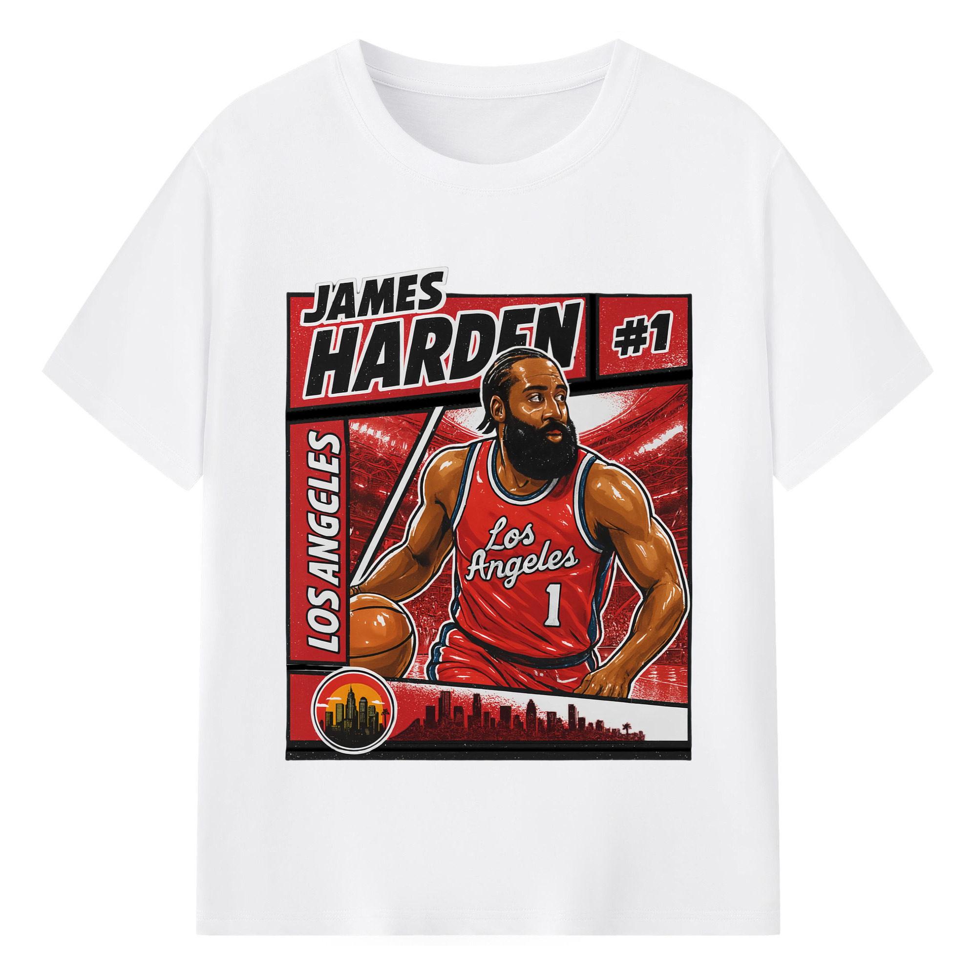 James Harden Clippers #1 comic styleT‑shirt - 180g Cotton T-Shirt With Front Heat Transfer Print – Soft, Lightweight, Fitted Design – Comfortable Casual Wear For Sports & Everyday Use