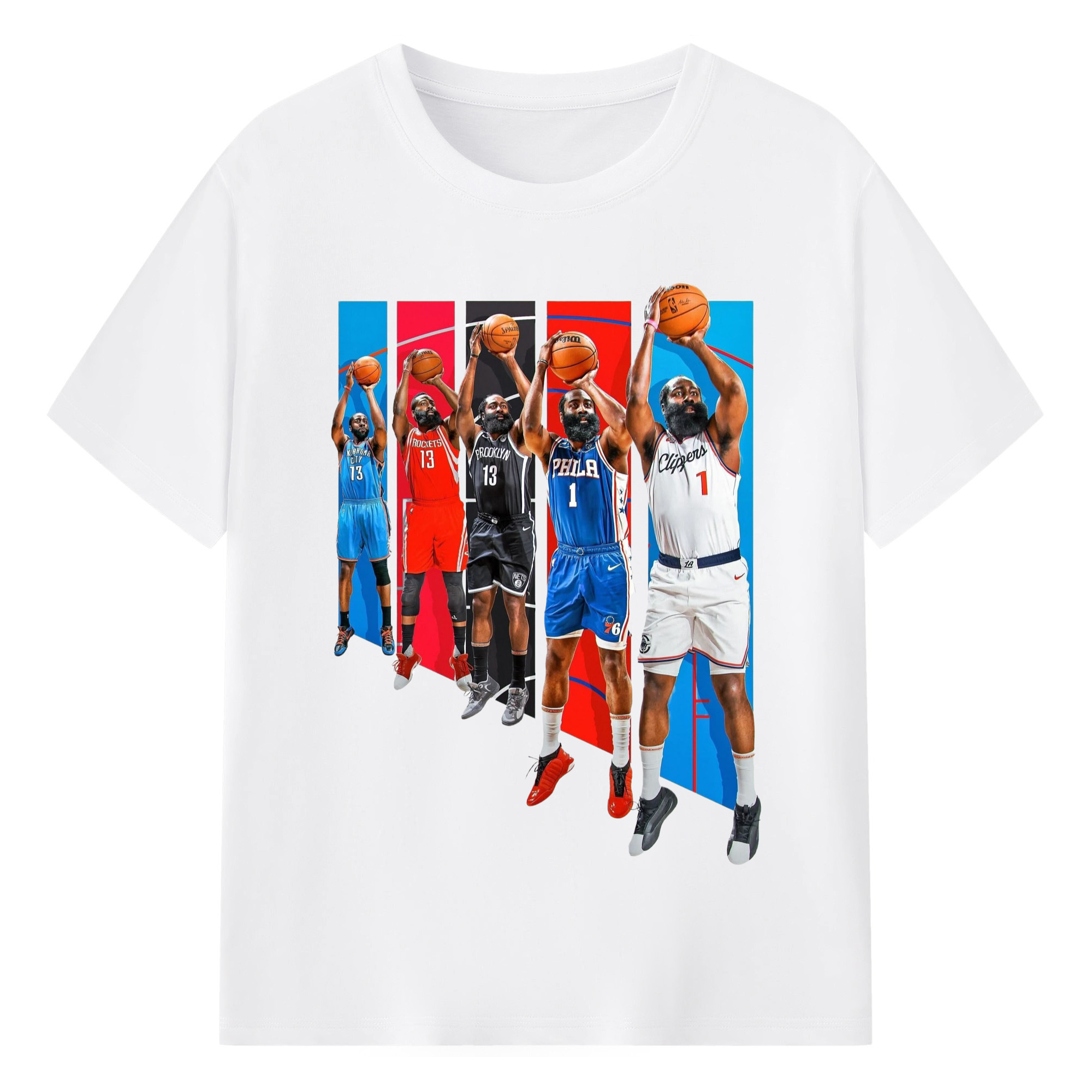 James Harden  Different teams collage styleT‑shirt - 180g Cotton T-Shirt With Front Heat Transfer Print – Soft, Lightweight, Fitted Design – Comfortable Casual Wear For Sports & Everyday Use
