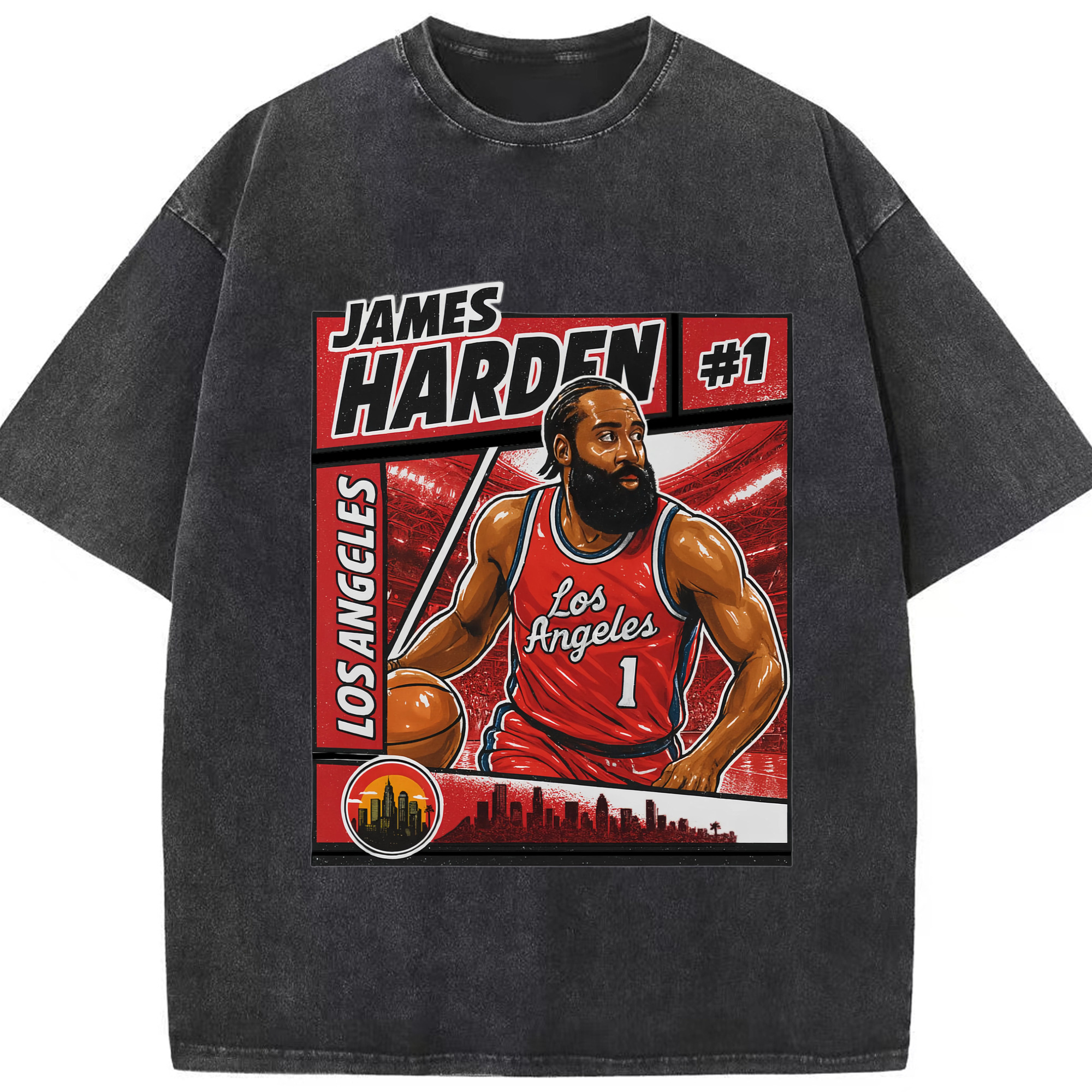 James Harden Clippers #1 comic styleT‑shirt - Washed Vintage Look 230g Cotton Oversized T-Shirt With Front Heat Transfer Print – Soft, Lightweight, Stylish Fit – Comfortable Casual Wear For Sports & Everyday Use