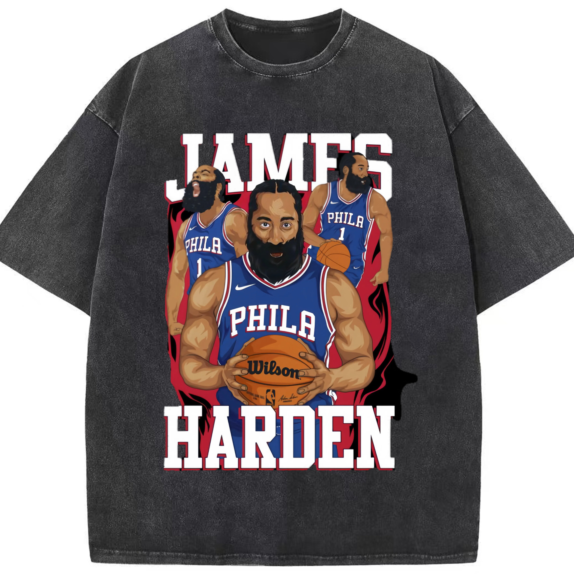 James Harden 76er #1 comic style T‑shirt - Washed Vintage Look 230g Cotton Oversized T-Shirt With Front Heat Transfer Print – Soft, Lightweight, Stylish Fit – Comfortable Casual Wear For Sports & Everyday Use