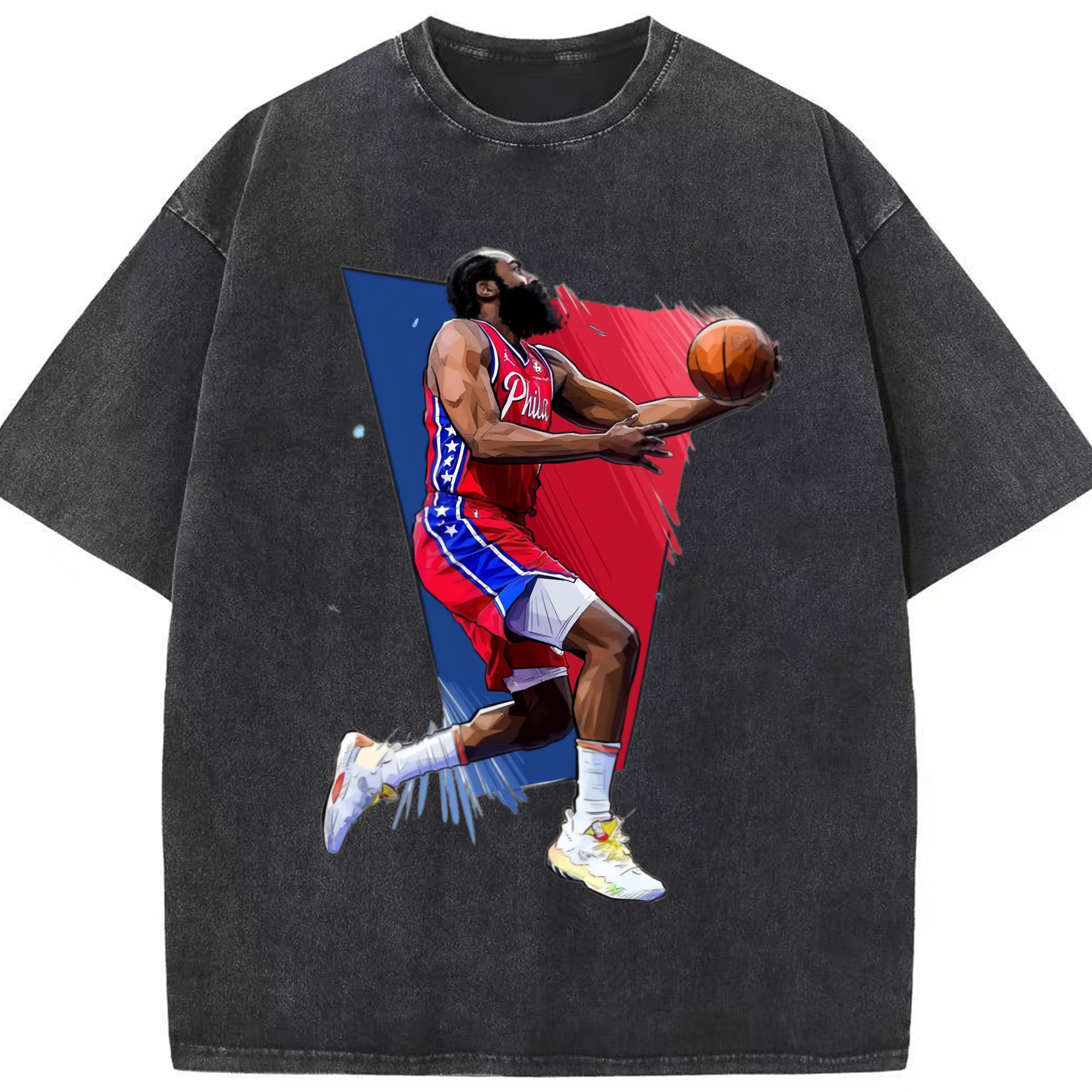 James Harden 76er comic style T‑shirt - Washed Vintage Look 230g Cotton Oversized T-Shirt With Front Heat Transfer Print – Soft, Lightweight, Stylish Fit – Comfortable Casual Wear For Sports & Everyday Use