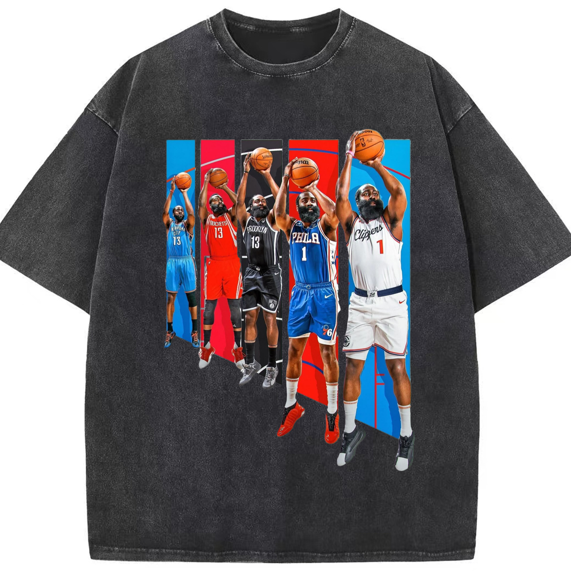 James Harden  Different teams collage styleT‑shirt - Washed Vintage Look 230g Cotton Oversized T-Shirt With Front Heat Transfer Print – Soft, Lightweight, Stylish Fit – Comfortable Casual Wear For Sports & Everyday Use