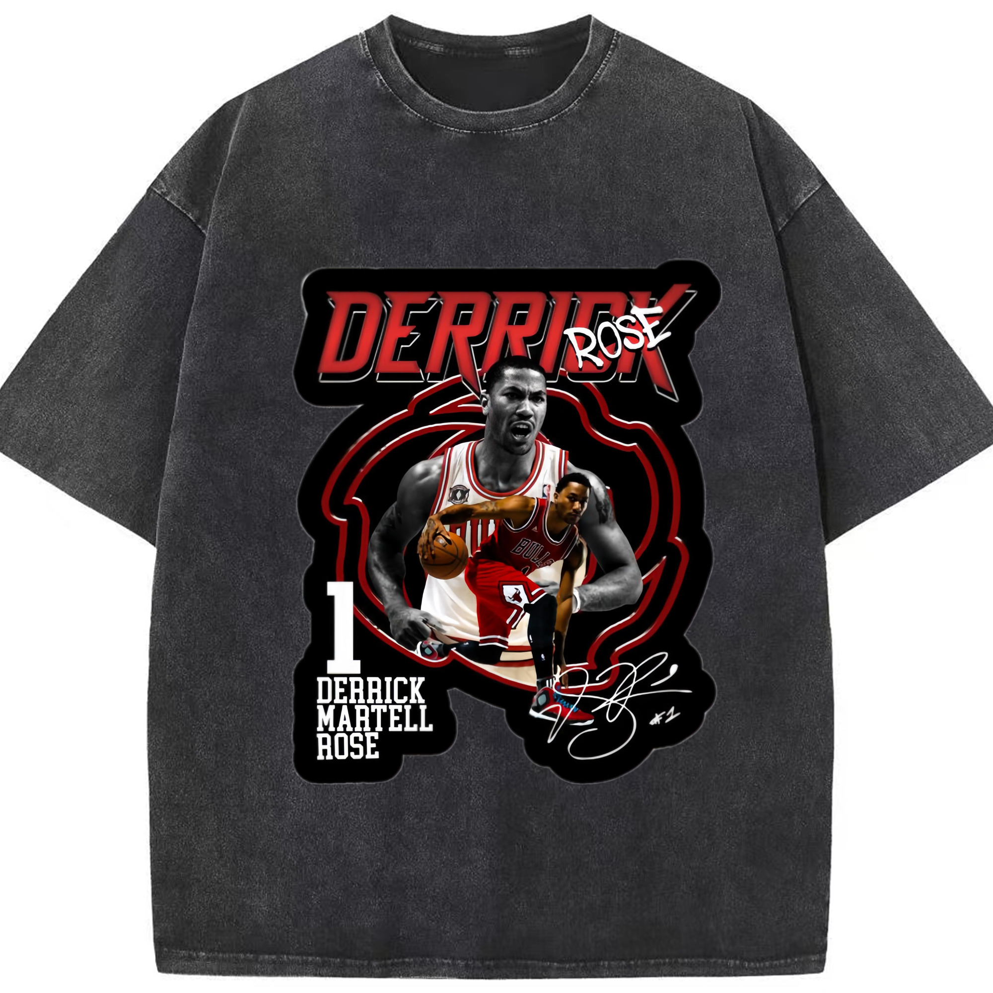 Chicago Bulls Derrick Rose Graphic T‑shirt - Washed Vintage Look 230g Cotton Oversized T-Shirt With Front Heat Transfer Print – Soft, Lightweight, Stylish Fit – Comfortable Casual Wear For Sports & Everyday Use