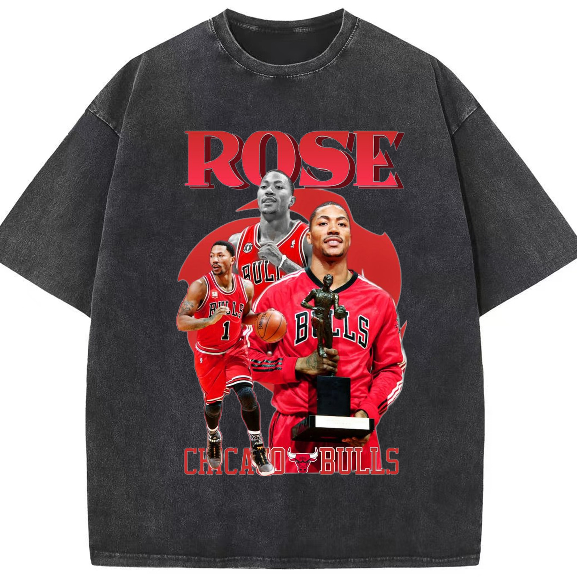 Chicago Bulls Derrick Rose youngest Mvp T-shirt - Washed Vintage Look 230g Cotton Oversized T-Shirt With Front Heat Transfer Print – Soft, Lightweight, Stylish Fit – Comfortable Casual Wear For Sports & Everyday Use