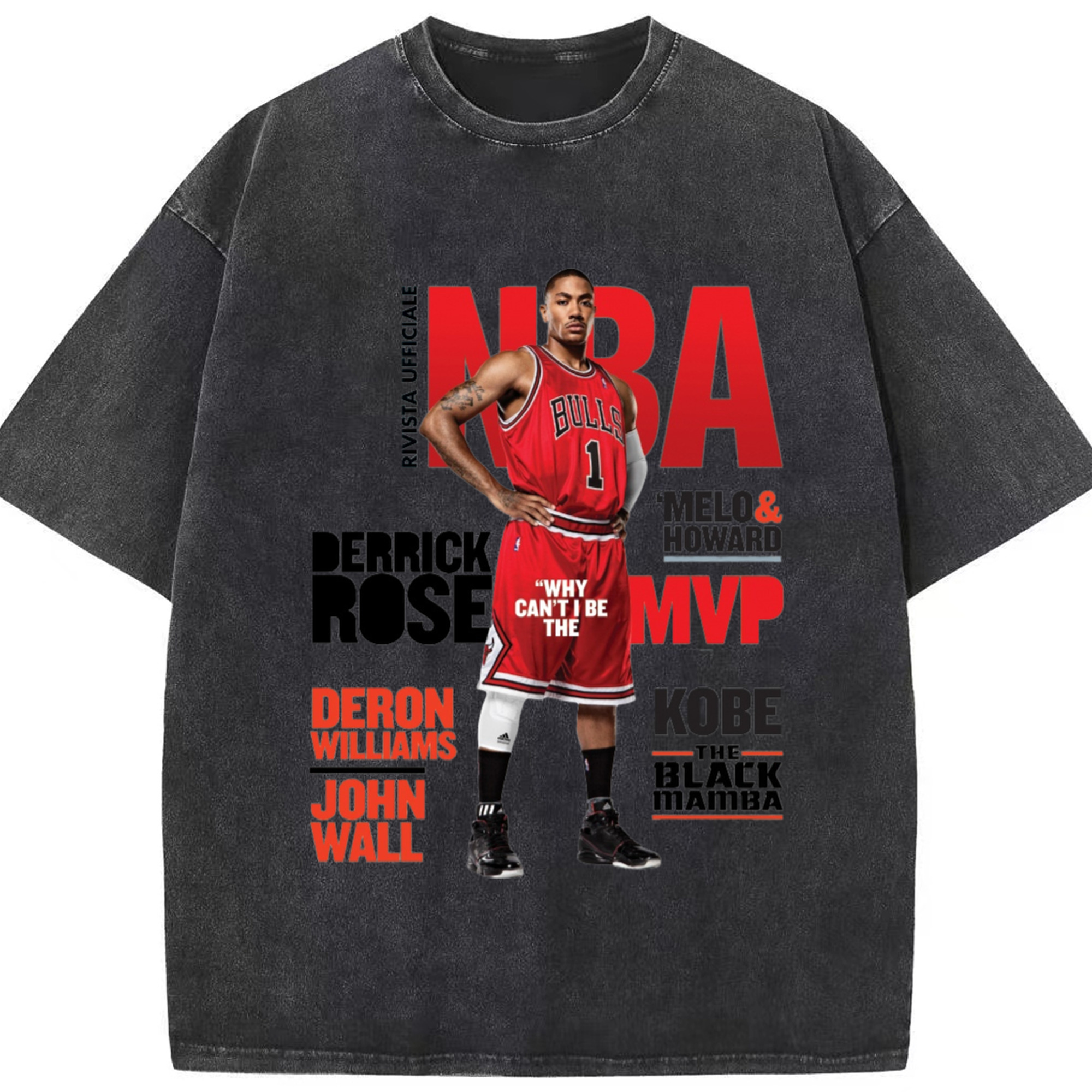 Derrick Rose Magazine Poster Graphic T‑shirt - Washed Vintage Look 230g Cotton Oversized T-Shirt With Front Heat Transfer Print – Soft, Lightweight, Stylish Fit – Comfortable Casual Wear For Sports & Everyday Use
