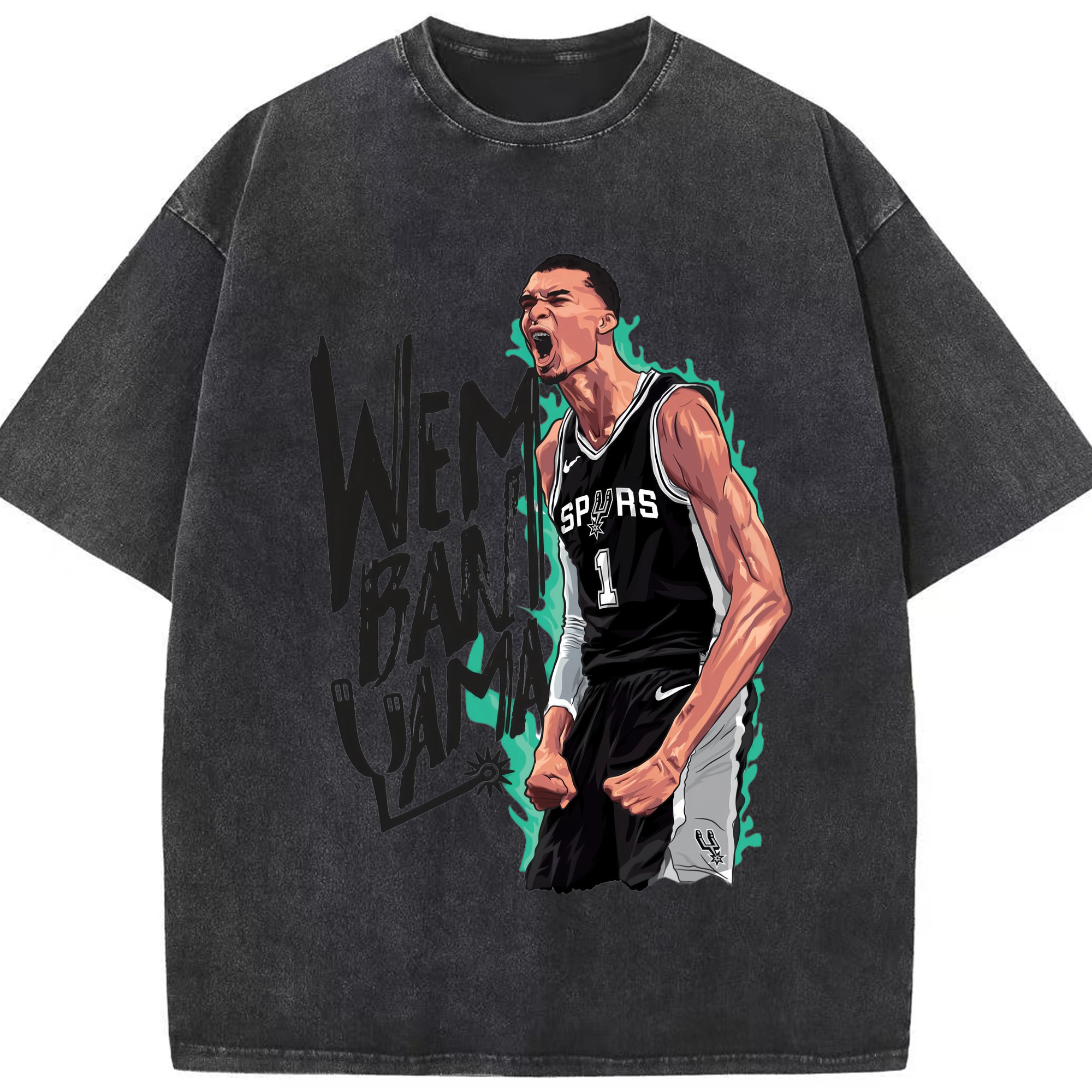 San Antonio Spurs Victor Wembanyama  Roar Cartoon Tee - Washed Vintage Look 230g Cotton Oversized T-Shirt With Front Heat Transfer Print – Soft, Lightweight, Stylish Fit – Comfortable Casual Wear For Sports & Everyday Use