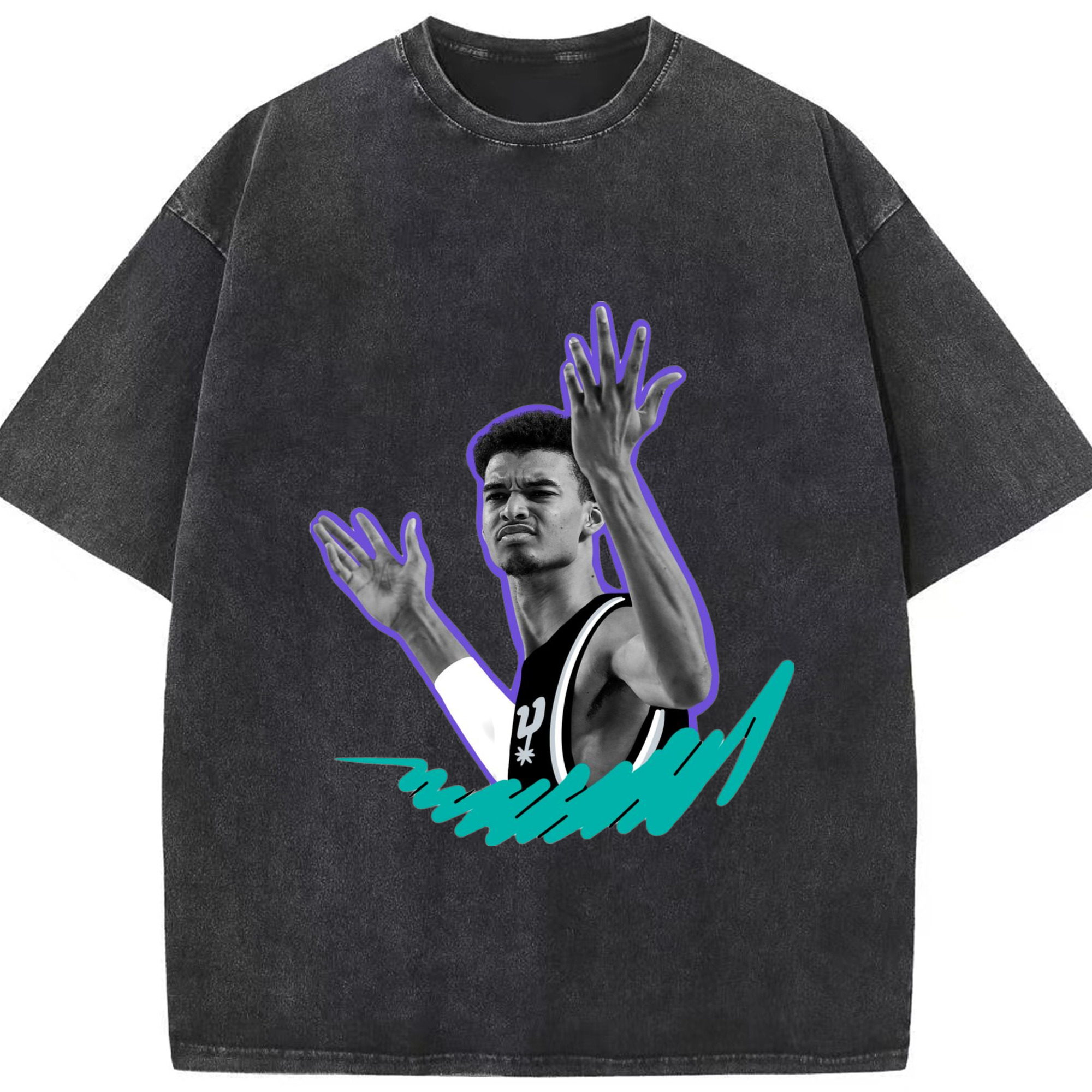 San Antonio Spurs Victor Wembanyama  shrug T-shirt - Washed Vintage Look 230g Cotton Oversized T-Shirt With Front Heat Transfer Print – Soft, Lightweight, Stylish Fit – Comfortable Casual Wear For Sports & Everyday Use