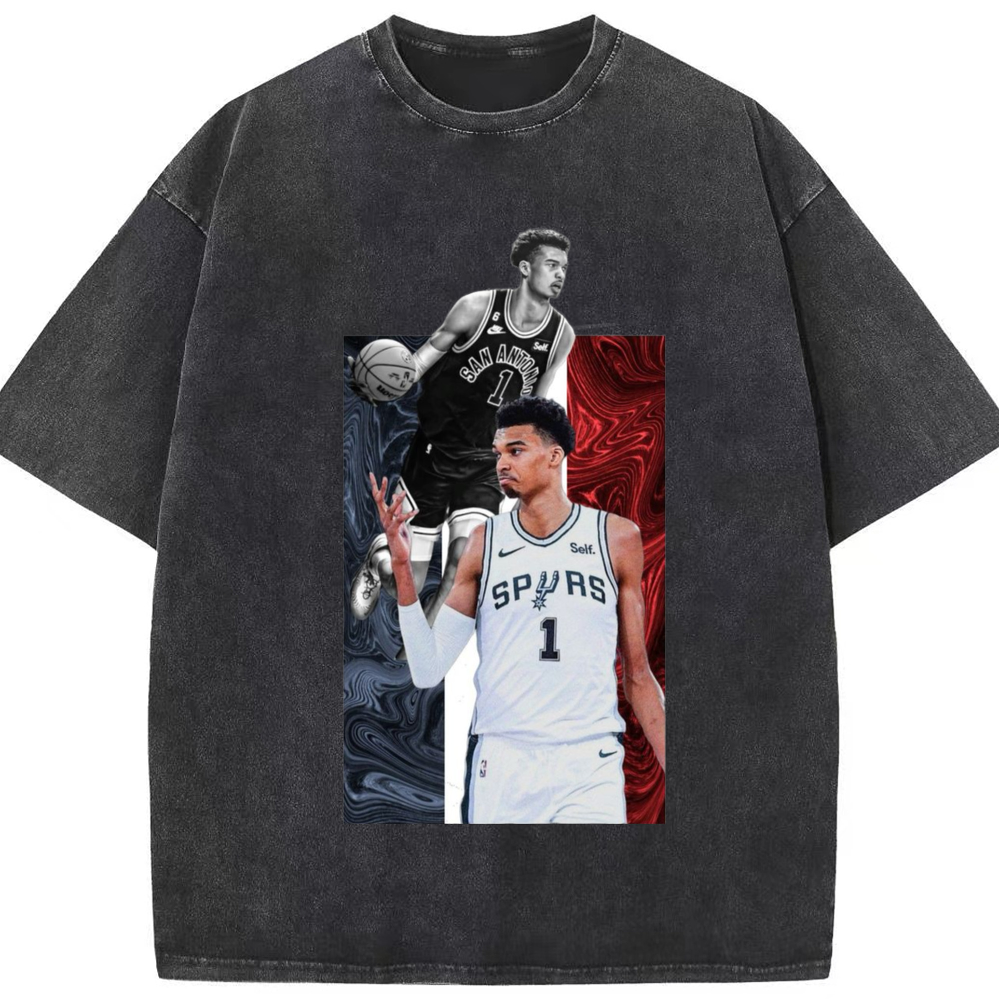 San Antonio Spurs Victor Wembanyama  Tee - Washed Vintage Look 230g Cotton Oversized T-Shirt With Front Heat Transfer Print – Soft, Lightweight, Stylish Fit – Comfortable Casual Wear For Sports & Everyday Use