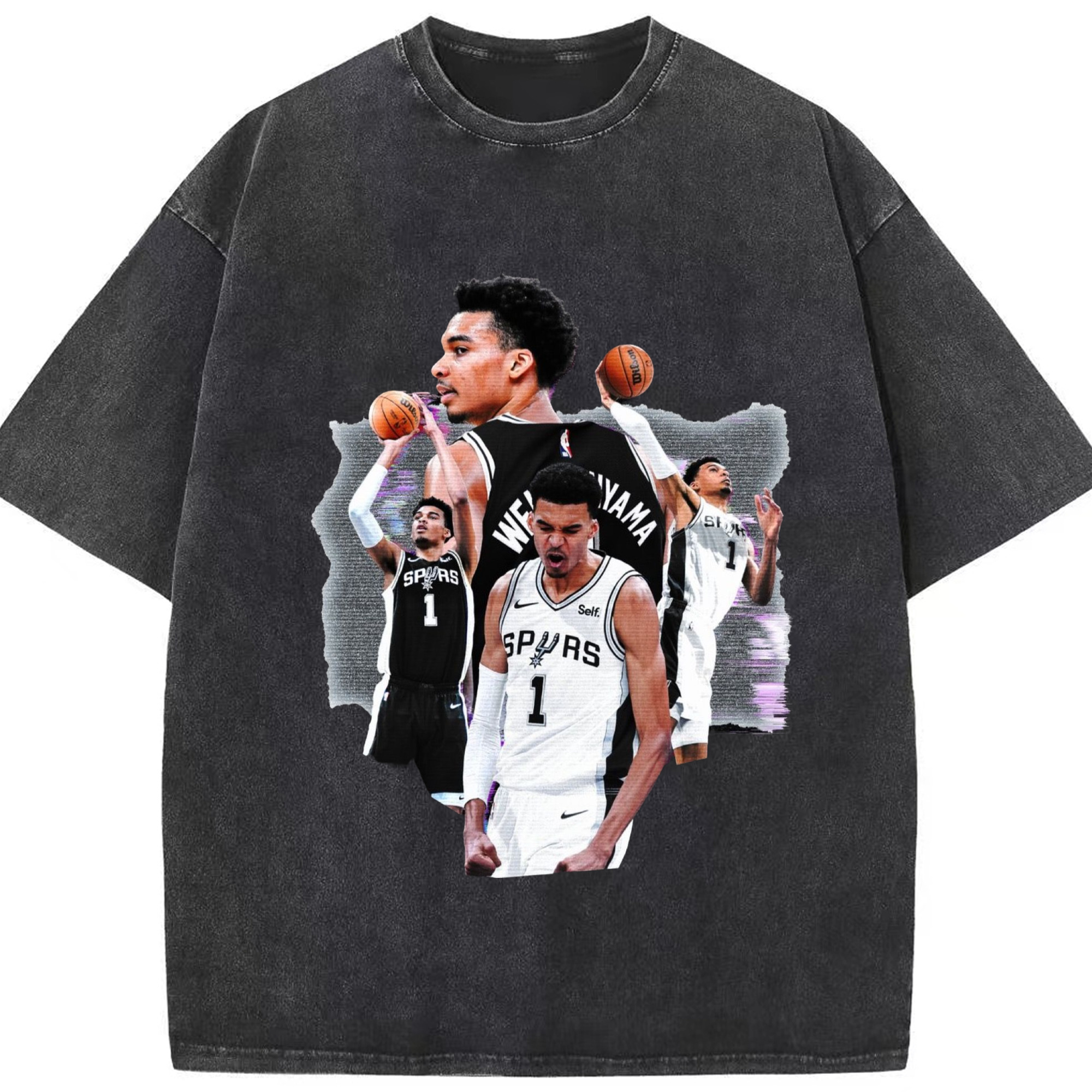 San Antonio Spurs Victor Wembanyama  T-shirt - Washed Vintage Look 230g Cotton Oversized T-Shirt With Front Heat Transfer Print – Soft, Lightweight, Stylish Fit – Comfortable Casual Wear For Sports & Everyday Use