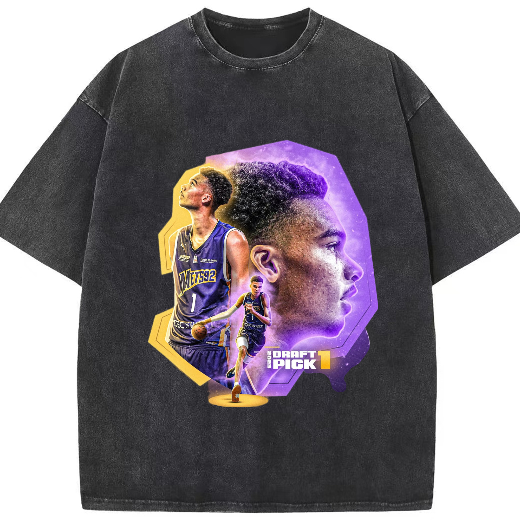 Victor Wembanyama Colored painting collage graphic T-shirt - Washed Vintage Look 230g Cotton Oversized T-Shirt With Front Heat Transfer Print – Soft, Lightweight, Stylish Fit – Comfortable Casual Wear For Sports & Everyday Use