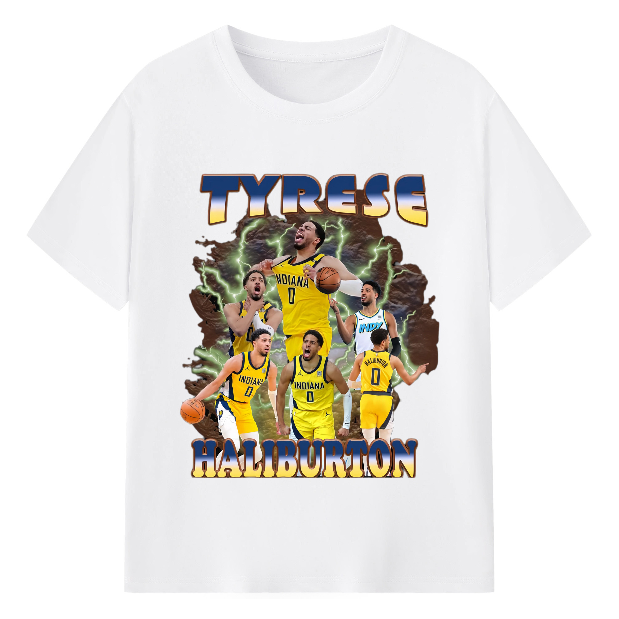 Tyrese Haliburton Indiana Pacers  collage style T‑shirt - 180g Cotton T-Shirt With Front Heat Transfer Print – Soft, Lightweight, Fitted Design – Comfortable Casual Wear For Sports & Everyday Use