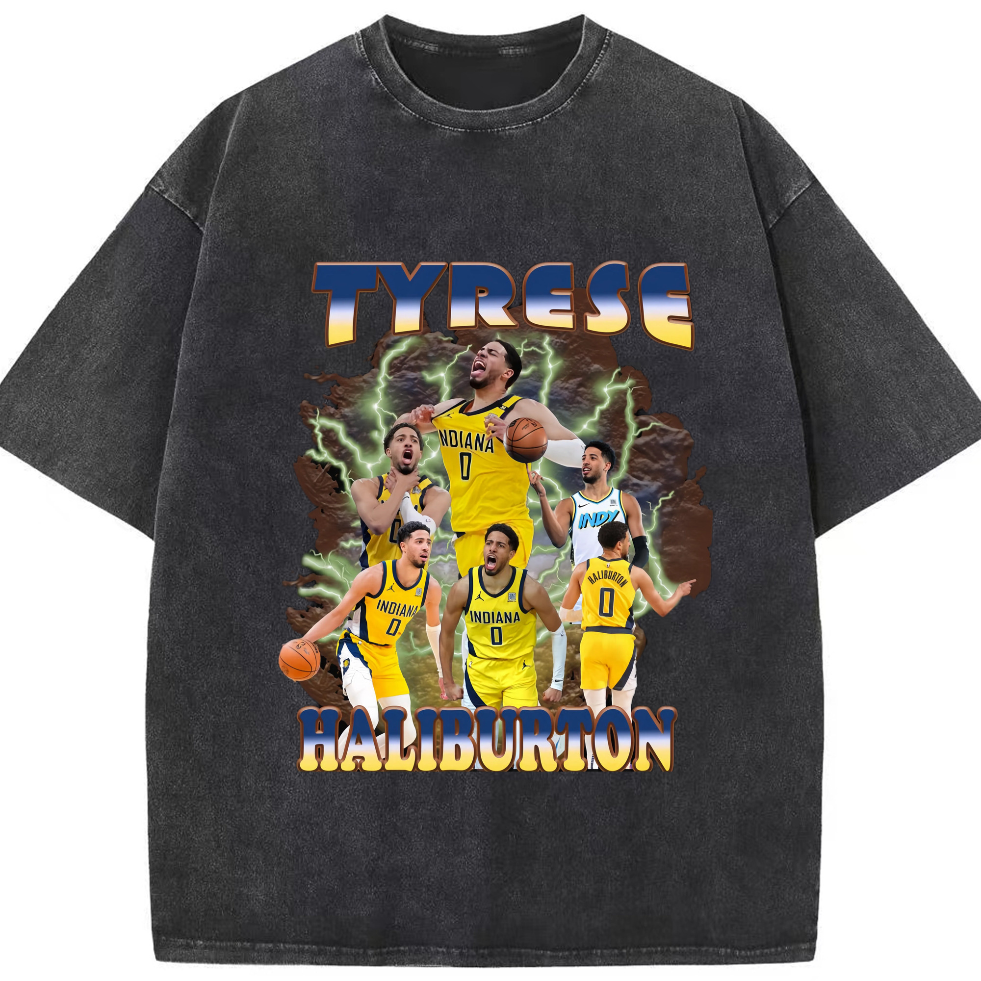 Tyrese Haliburton Indiana Pacers  collage style T‑shirt - Washed Vintage Look 230g Cotton Oversized T-Shirt With Front Heat Transfer Print – Soft, Lightweight, Stylish Fit – Comfortable Casual Wear For Sports & Everyday Use