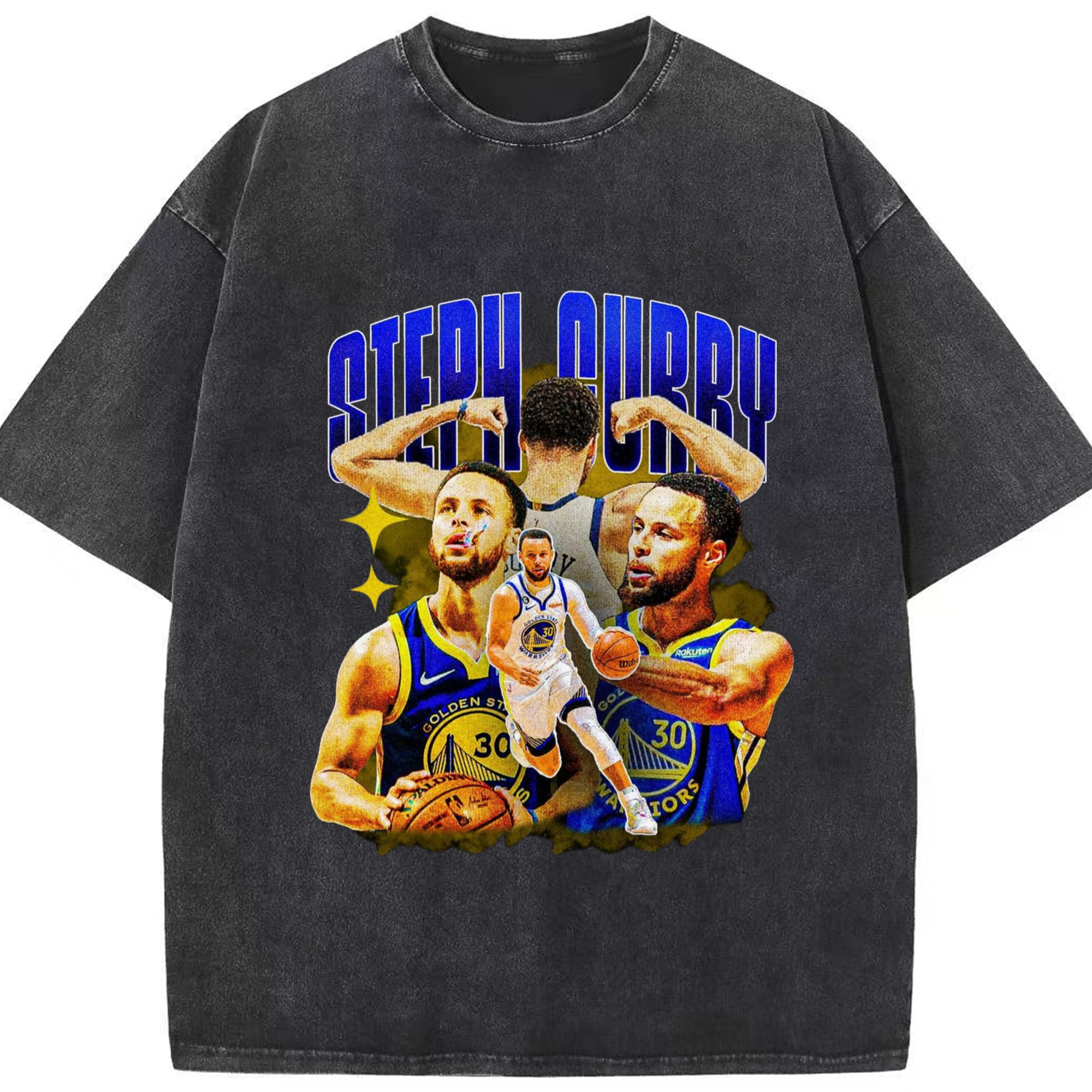 Golden State Warriors Stephen Curry  #30 collage tee - Washed Vintage Look 230g Cotton Oversized T-Shirt With Front Heat Transfer Print – Soft, Lightweight, Stylish Fit – Comfortable Casual Wear For Sports & Everyday Use