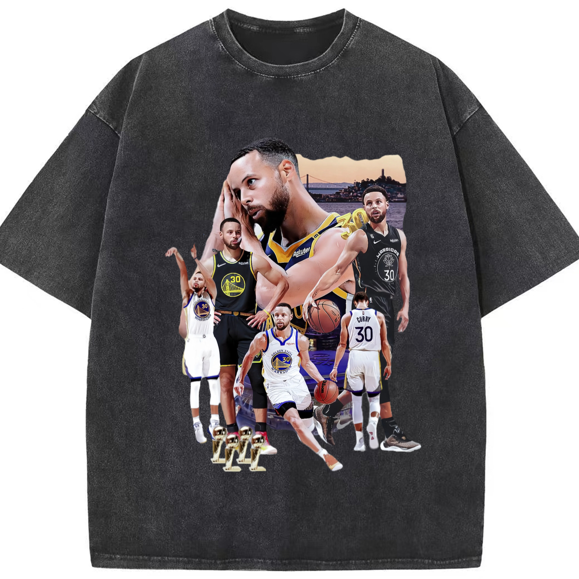 Golden State Warriors Stephen Curry  collage tee - Washed Vintage Look 230g Cotton Oversized T-Shirt With Front Heat Transfer Print – Soft, Lightweight, Stylish Fit – Comfortable Casual Wear For Sports & Everyday Use