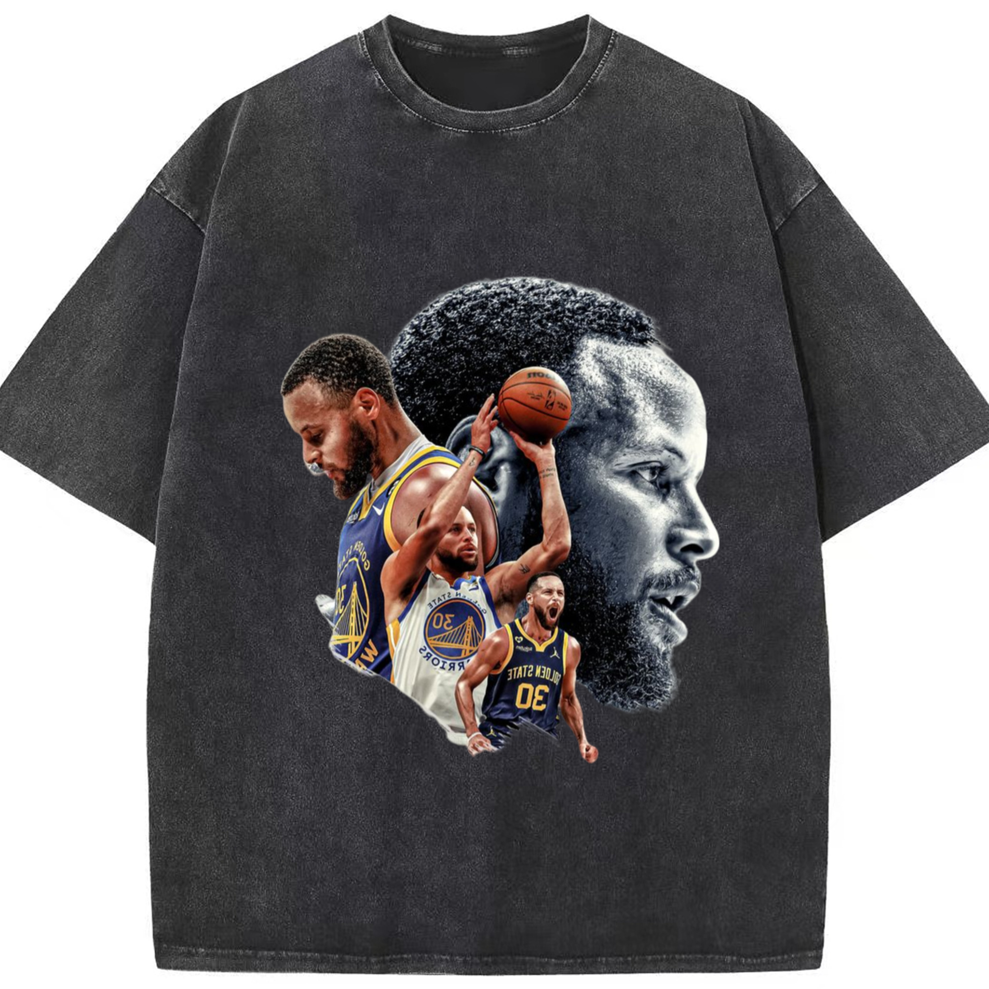 Golden State Warriors Stephen Curry #30  collage style T‑shirt - Washed Vintage Look 230g Cotton Oversized T-Shirt With Front Heat Transfer Print – Soft, Lightweight, Stylish Fit – Comfortable Casual Wear For Sports & Everyday Use