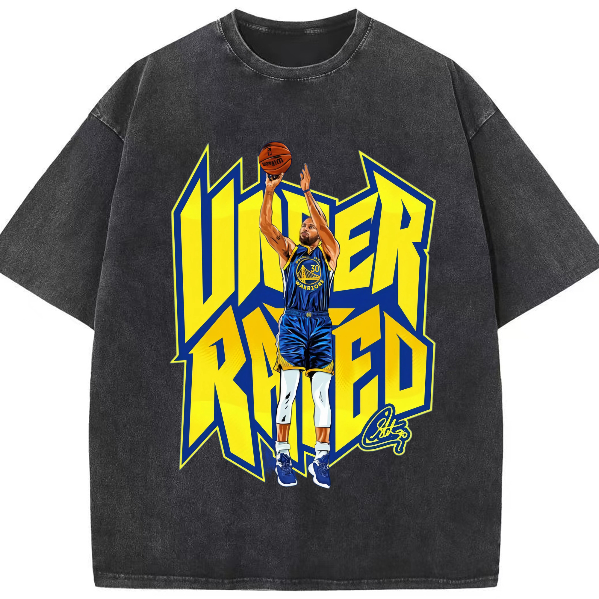 Steph Curry Golden State Warriors  points to take action Cartoon t-shirt - Washed Vintage Look 230g Cotton Oversized T-Shirt With Front Heat Transfer Print – Soft, Lightweight, Stylish Fit – Comfortable Casual Wear For Sports & Everyday Use