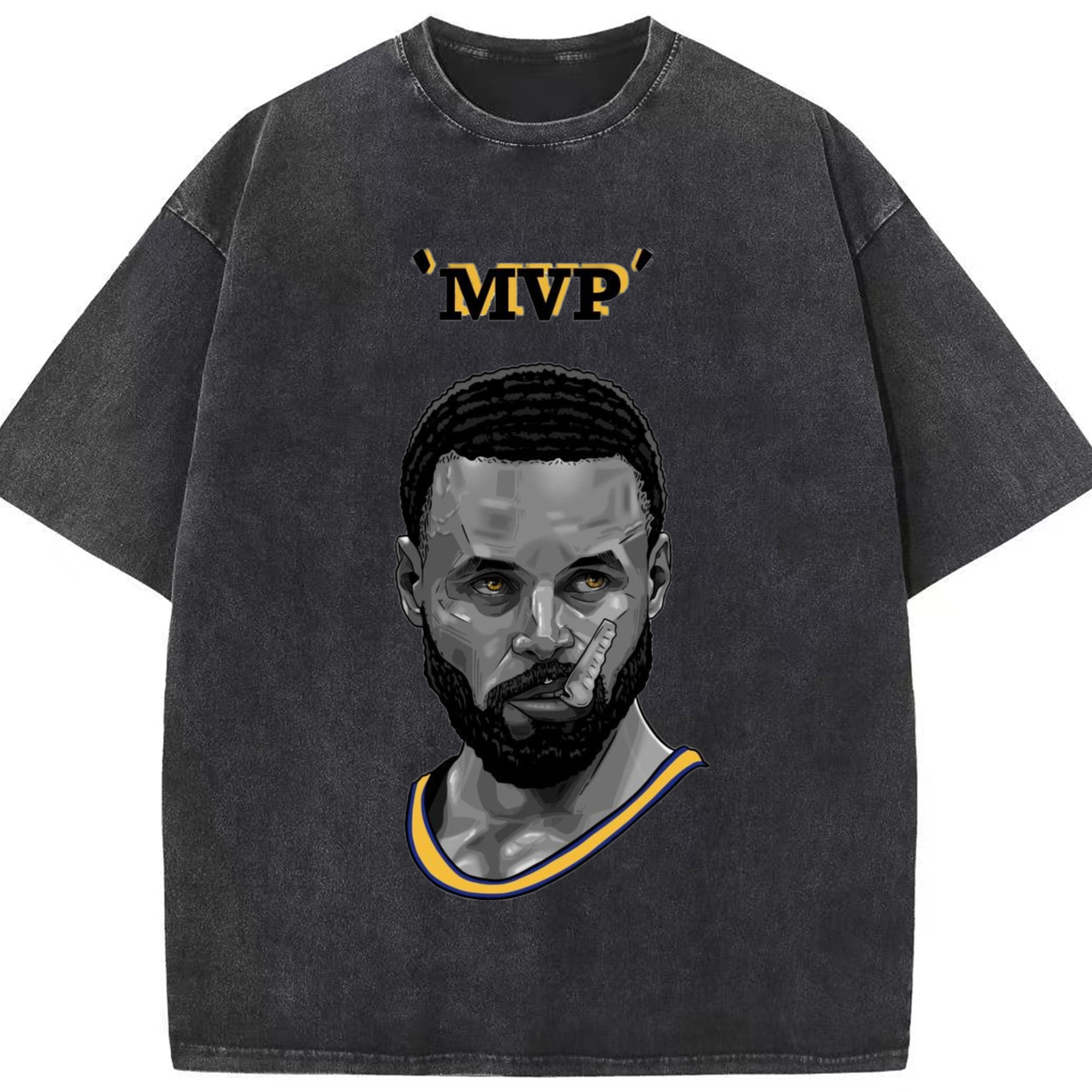 Steph Curry Golden State Warriors Cartoon mvp profile picture tee - Washed Vintage Look 230g Cotton Oversized T-Shirt With Front Heat Transfer Print – Soft, Lightweight, Stylish Fit – Comfortable Casual Wear For Sports & Everyday Use