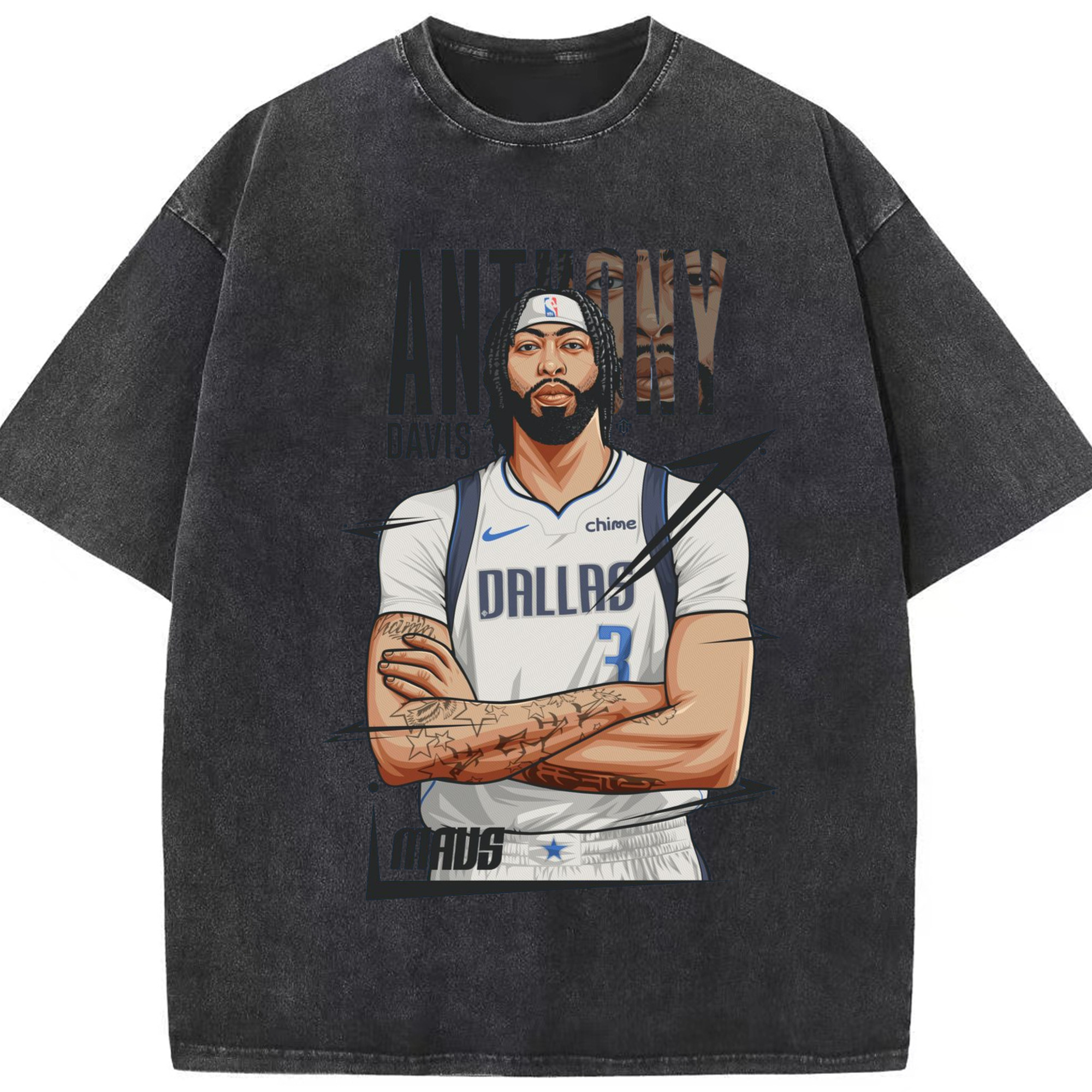 Anthony Davis Mavericks #3  Cartoon style graphic tee - Washed Vintage Look 230g Cotton Oversized T-Shirt With Front Heat Transfer Print – Soft, Lightweight, Stylish Fit – Comfortable Casual Wear For Sports & Everyday Use