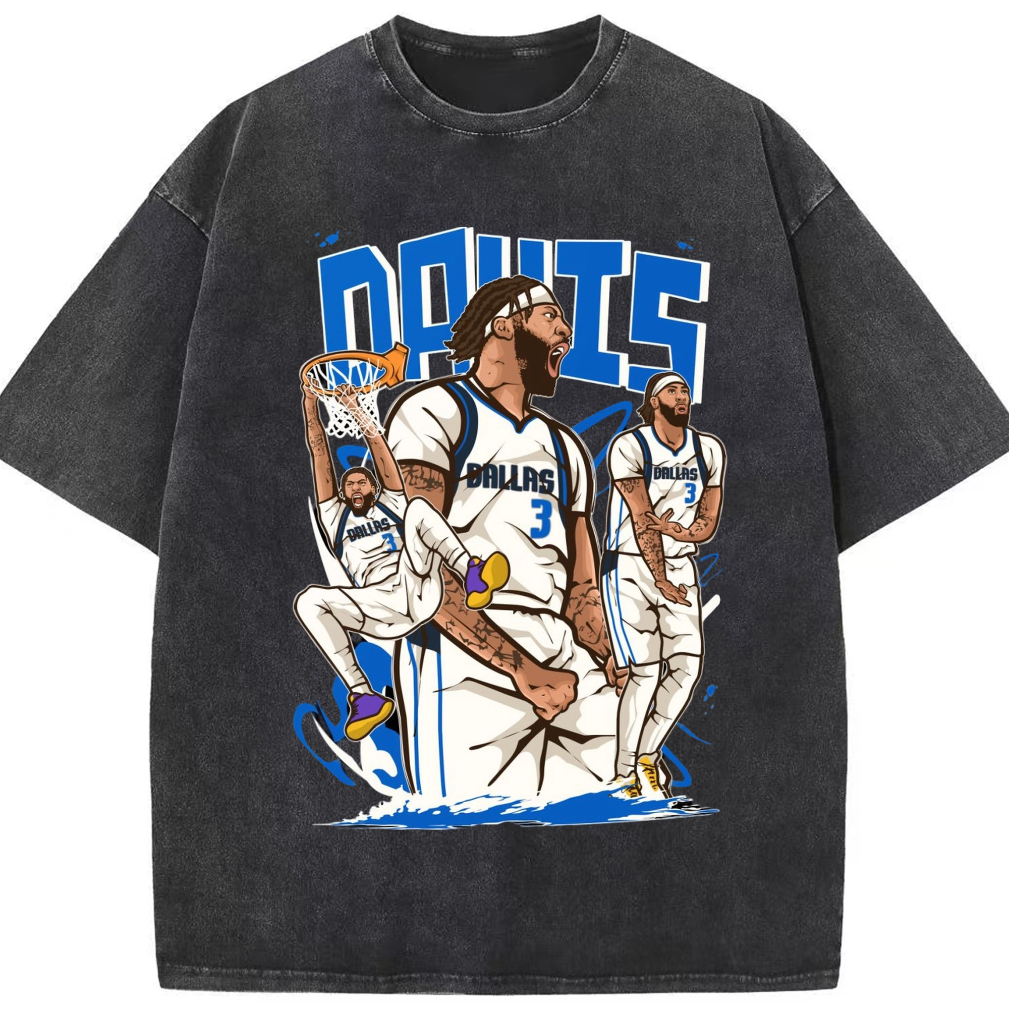Anthony Davis Mavericks Cartoon style collage graphic tee - Washed Vintage Look 230g Cotton Oversized T-Shirt With Front Heat Transfer Print – Soft, Lightweight, Stylish Fit – Comfortable Casual Wear For Sports & Everyday Use