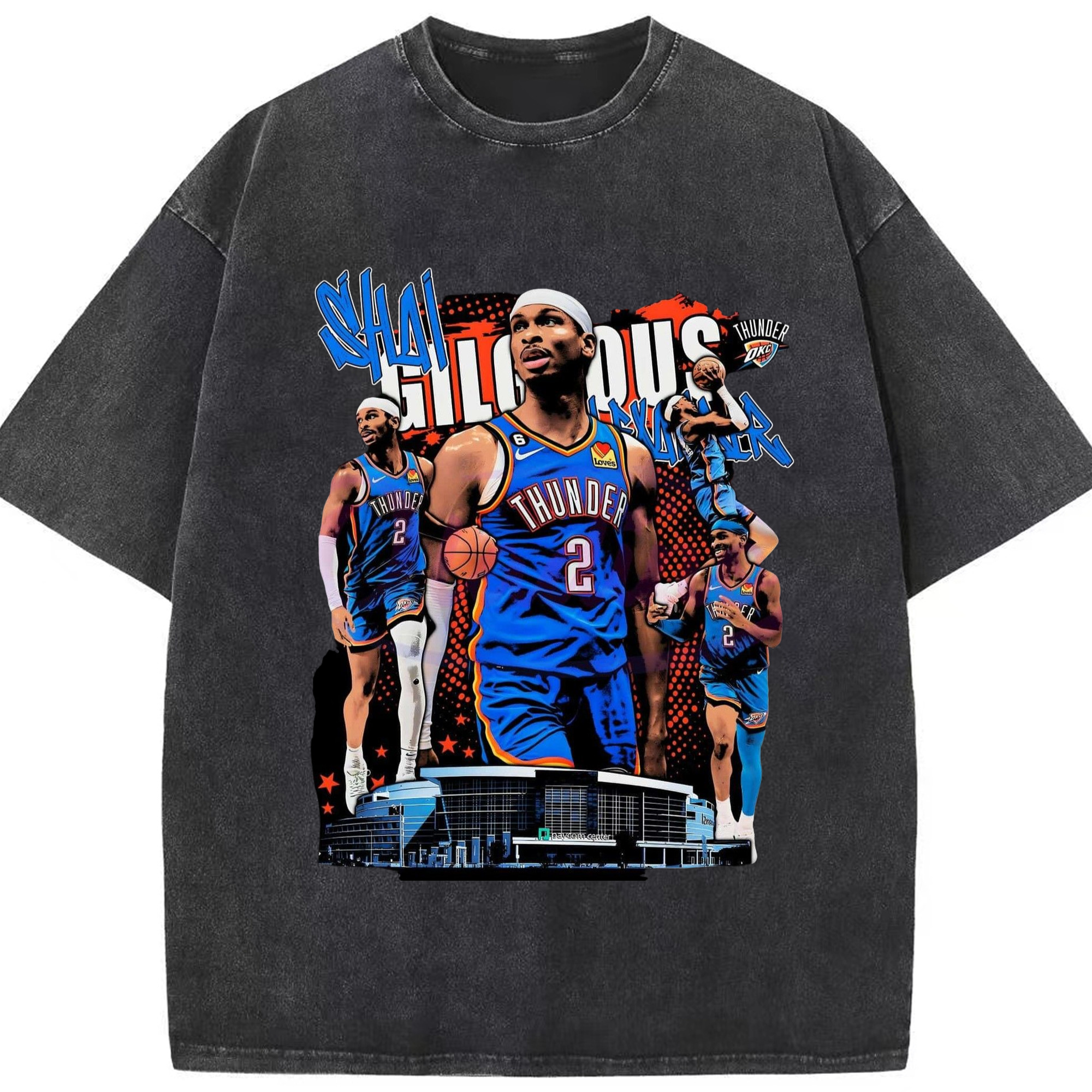 SGA OKC#2 collage Graphic T-shirt - Washed Vintage Look 230g Cotton Oversized T-Shirt With Front Heat Transfer Print – Soft, Lightweight, Stylish Fit – Comfortable Casual Wear For Sports & Everyday Use