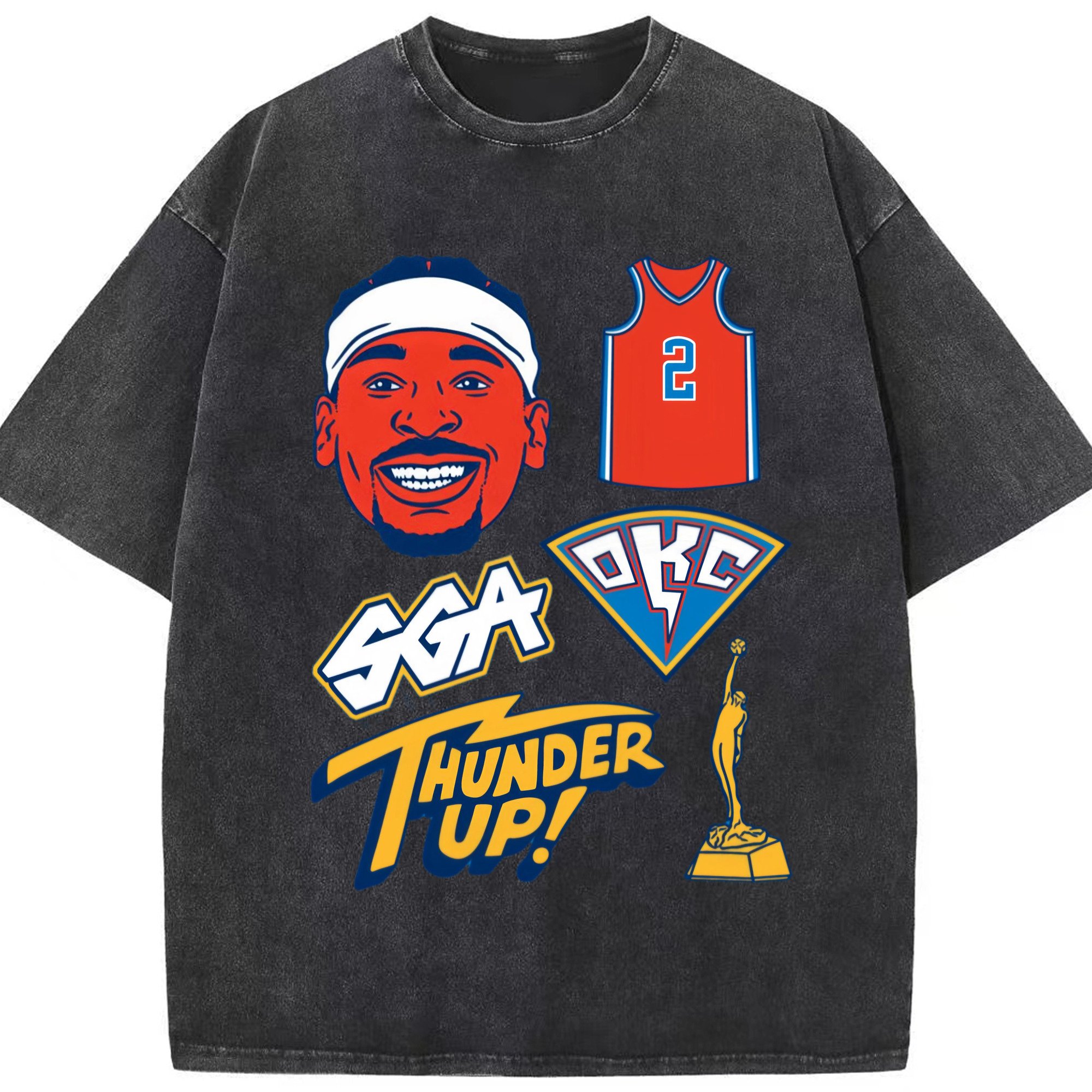 Shai Gilgeous-Alexande  Cartoon Graphic T-Shirt - Washed Vintage Look 230g Cotton Oversized T-Shirt With Front Heat Transfer Print – Soft, Lightweight, Stylish Fit – Comfortable Casual Wear For Sports & Everyday Use