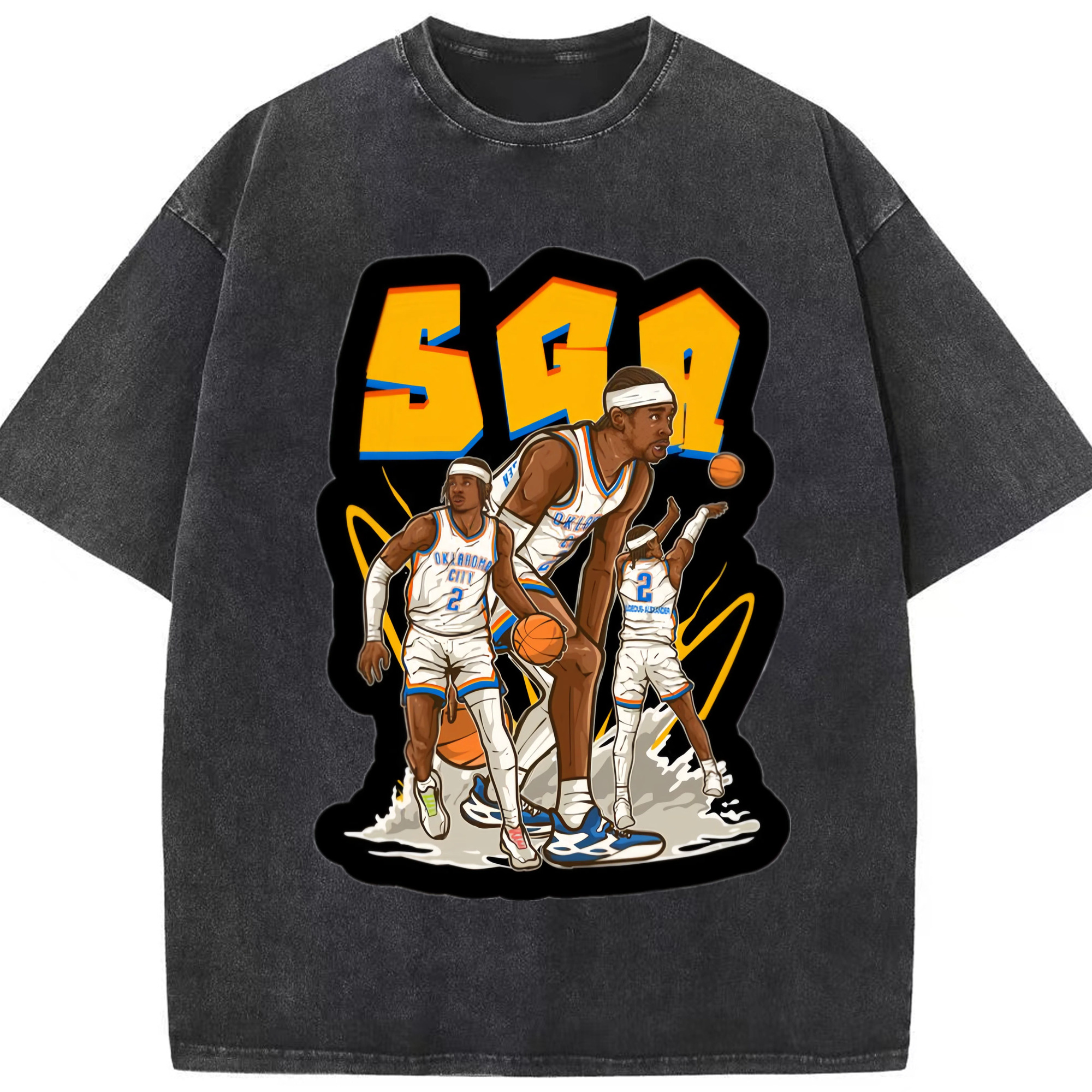 Shai Gilgeous-Alexander Cartoon collage tee - Washed Vintage Look 230g Cotton Oversized T-Shirt With Front Heat Transfer Print – Soft, Lightweight, Stylish Fit – Comfortable Casual Wear For Sports & Everyday Use