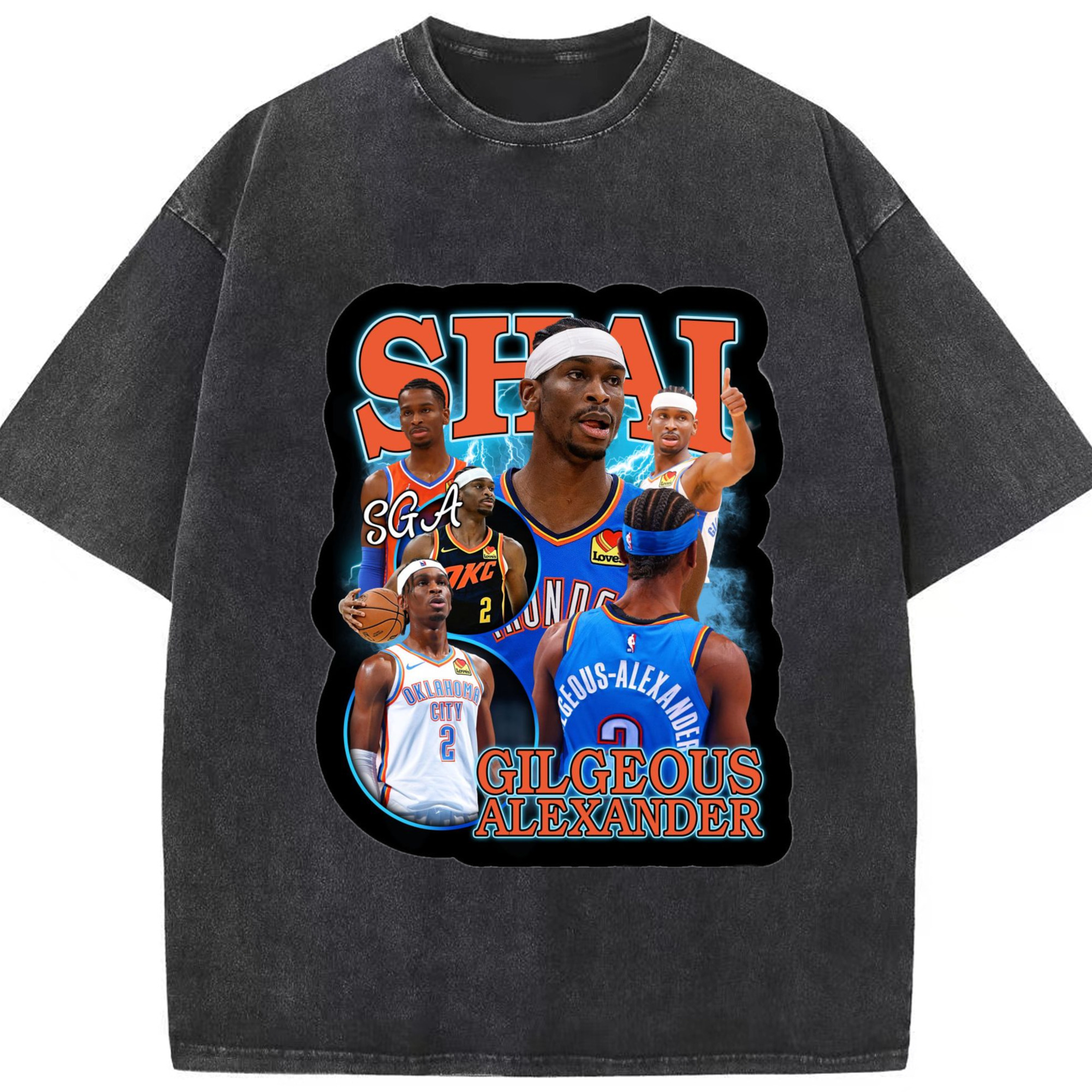 Shai Gilgeous-Alexande  icon  Graphic T-Shirt - Washed Vintage Look 230g Cotton Oversized T-Shirt With Front Heat Transfer Print – Soft, Lightweight, Stylish Fit – Comfortable Casual Wear For Sports & Everyday Use