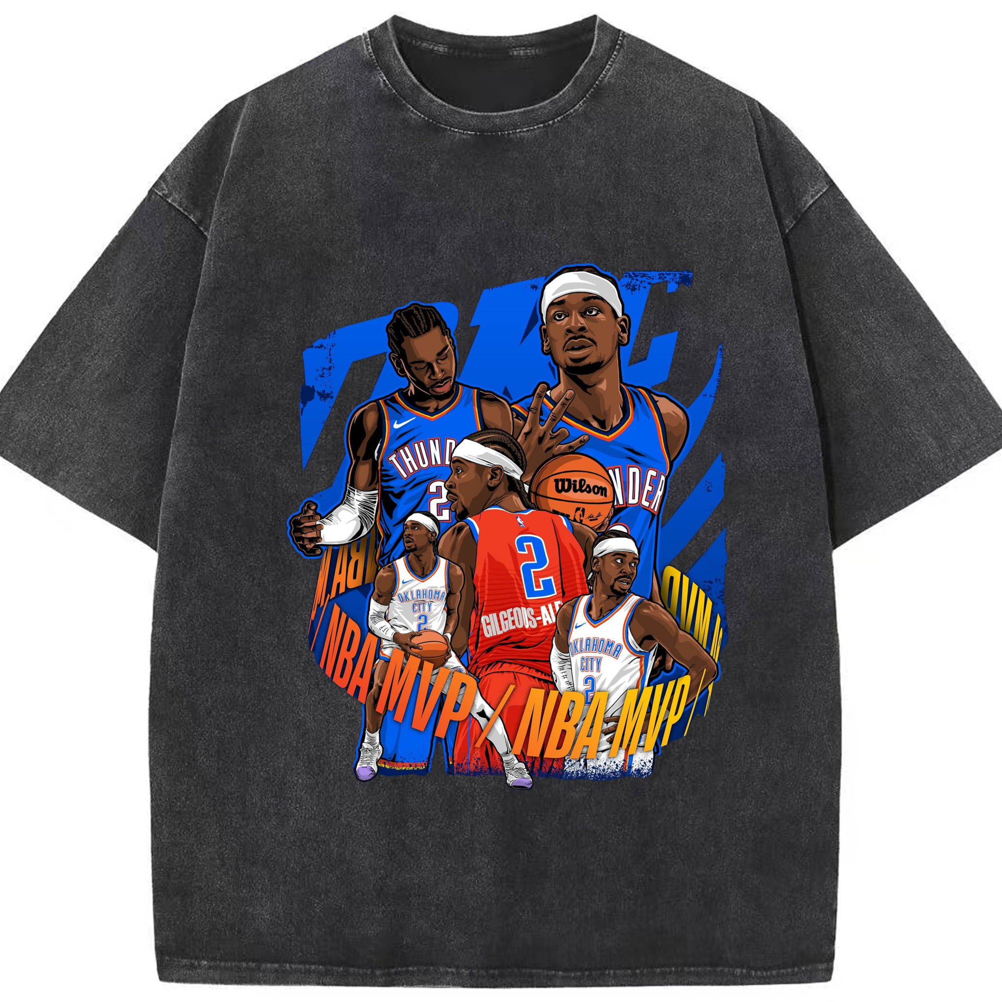 Shai Gilgeous-Alexander  mvp Cartoon collage tee - Washed Vintage Look 230g Cotton Oversized T-Shirt With Front Heat Transfer Print – Soft, Lightweight, Stylish Fit – Comfortable Casual Wear For Sports & Everyday Use