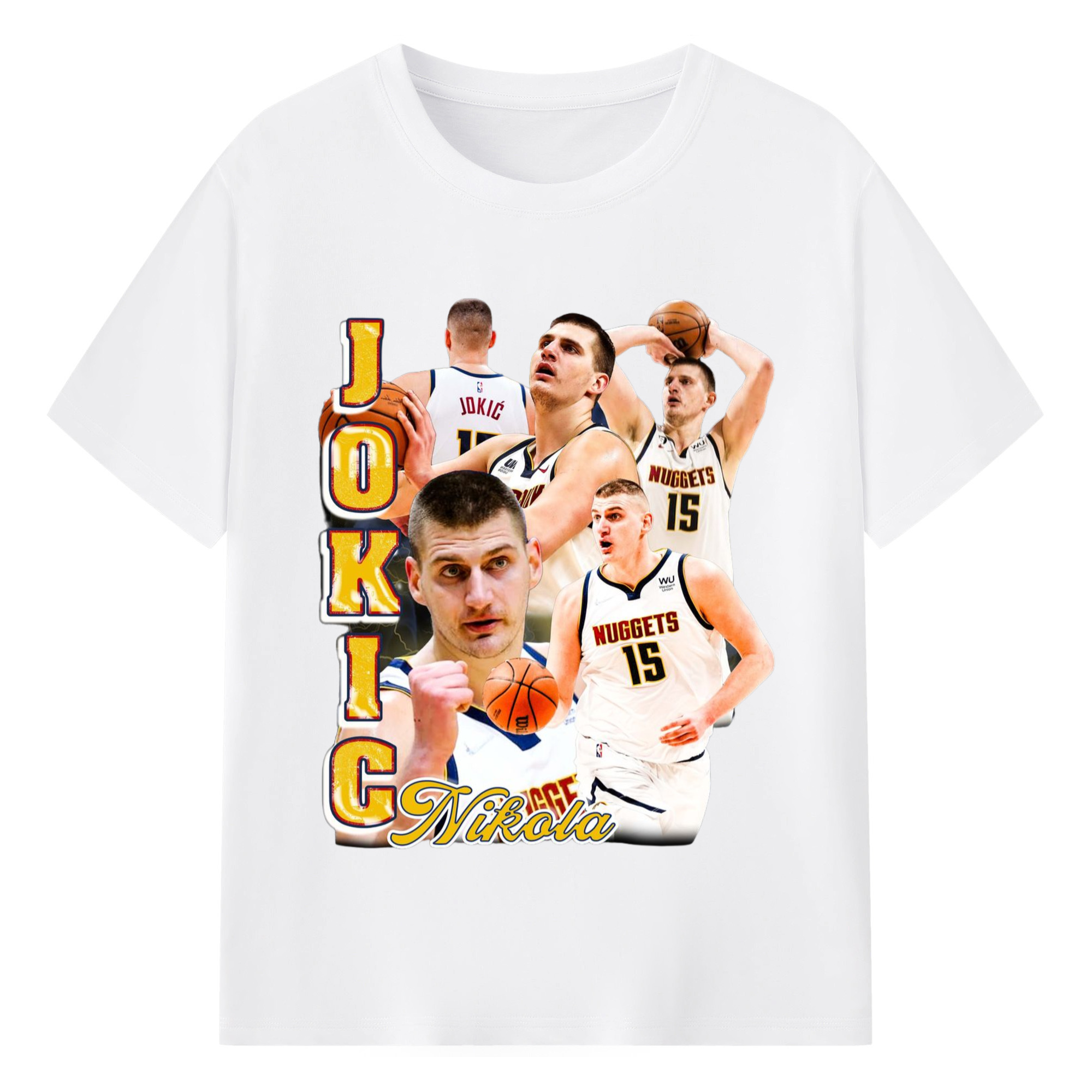 Nikola Jokic #15 Jersey collage T-shirt - 180g Cotton T-Shirt With Front Heat Transfer Print – Soft, Lightweight, Fitted Design – Comfortable Casual Wear For Sports & Everyday Use